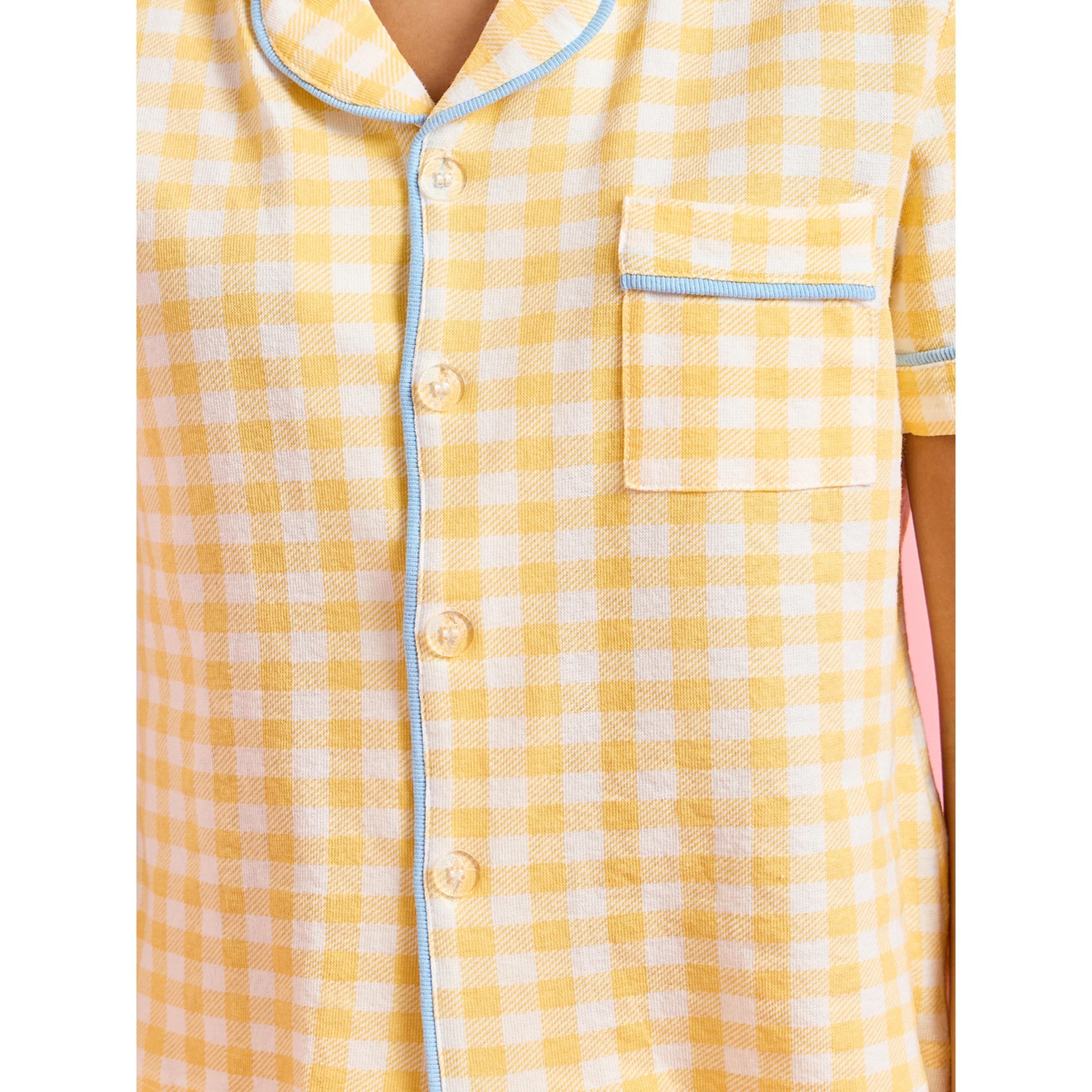 طقم بيجاما من بنطال مستقيم وبلوزة بتفاصيل جيب وطبعة كاروهات باللون الأصفر-women-clothing-nightwear-pyjamas-longsets-image-6