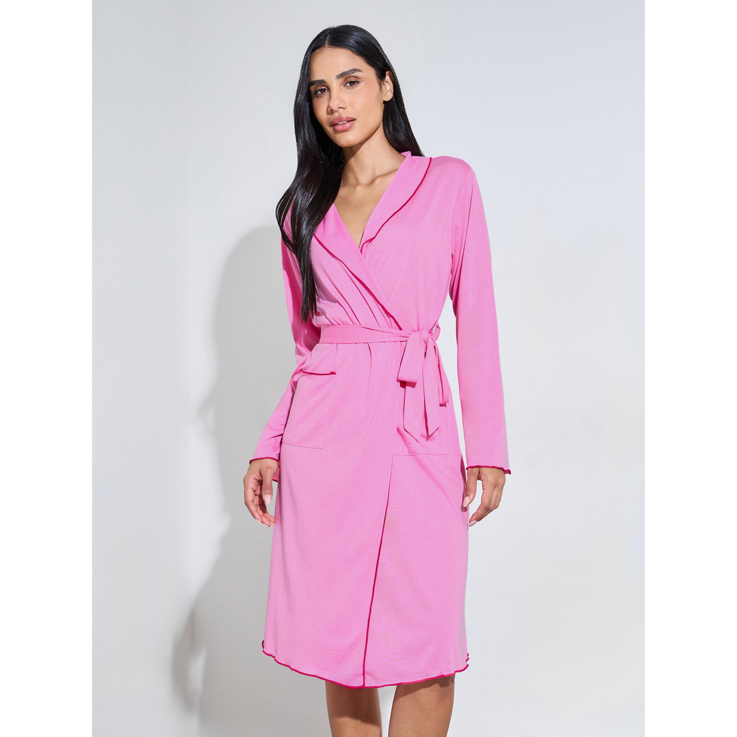 روب محبوك برباط خصر وجيوب سادة باللون الوردي-women-clothing-nightwear-robes-image-1