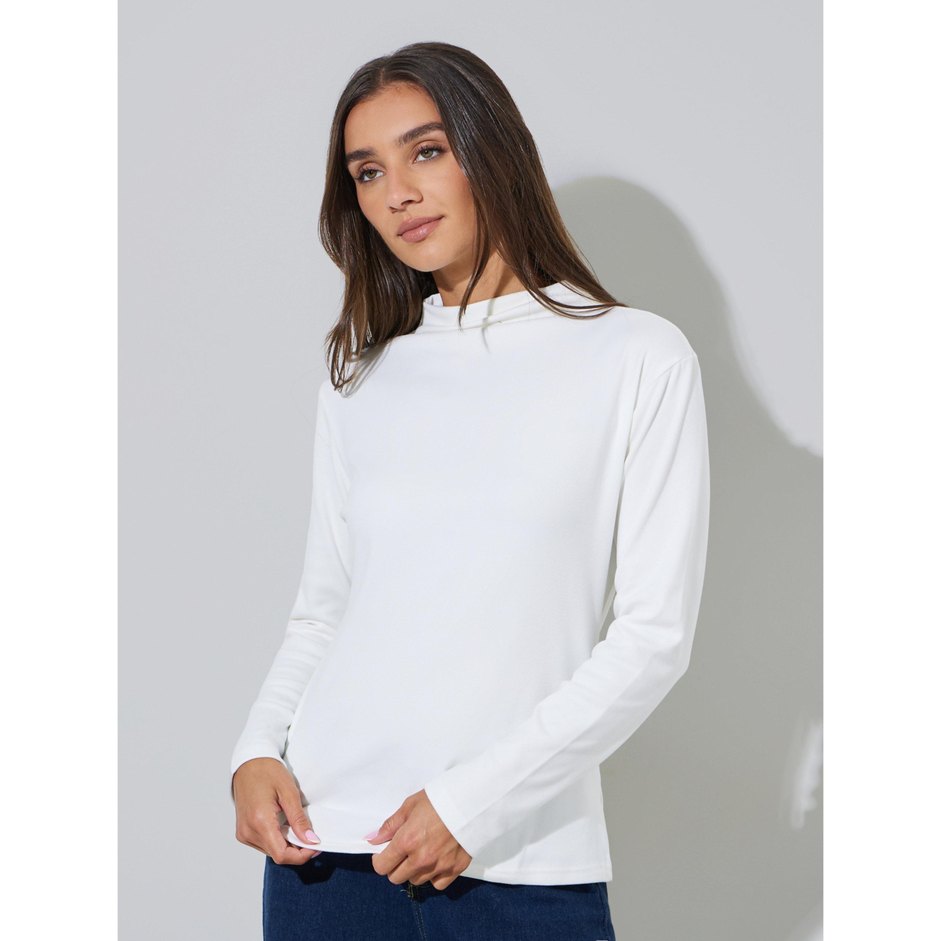 Styli White Solid Hight neck Long Sleeves Knitted Top-women-clothing-shirtsandblouses-blouses-image-1