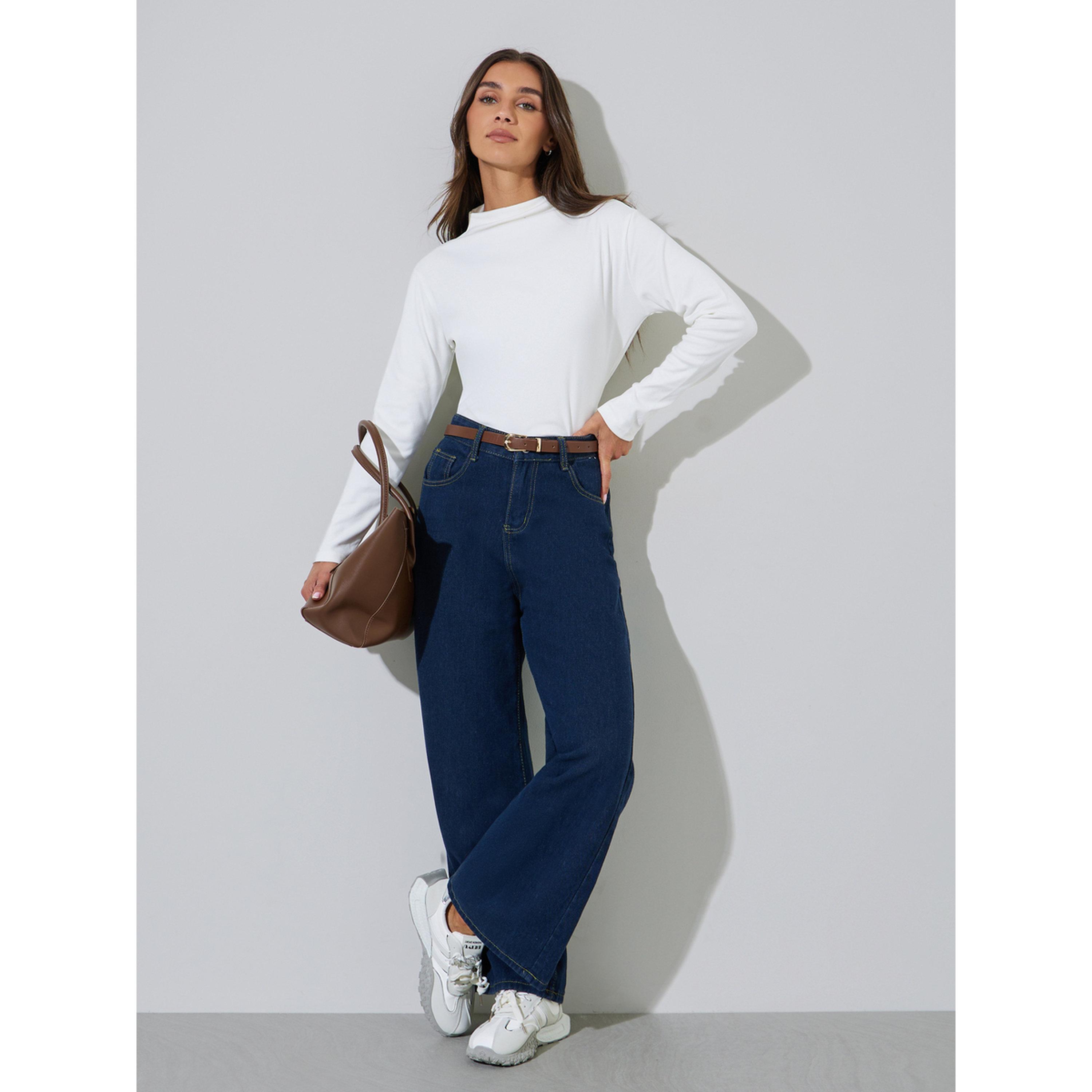 بلوزة محبوكة بأكمام طويلة وياقة عالية سادة باللون الأبيض-women-clothing-shirtsandblouses-blouses-image-2