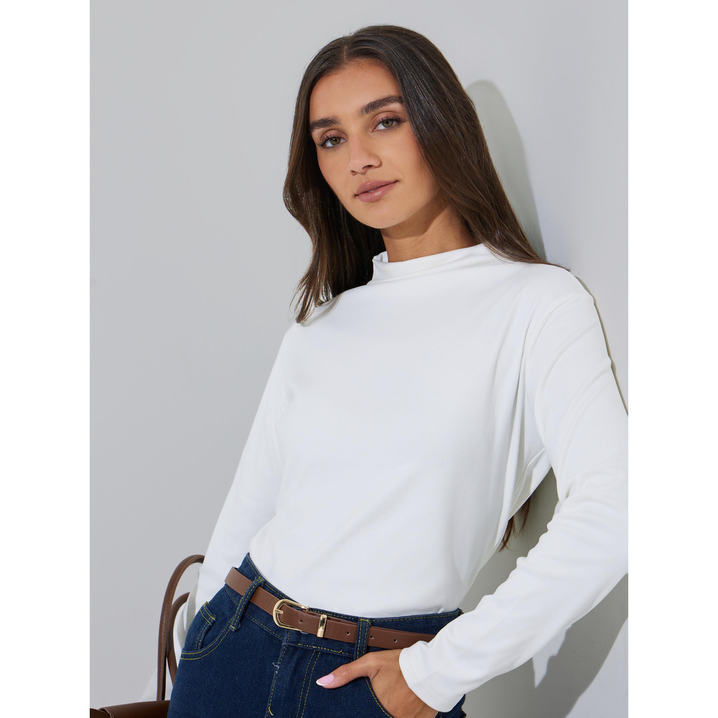 بلوزة محبوكة بأكمام طويلة وياقة عالية سادة باللون الأبيض-women-clothing-shirtsandblouses-blouses-image-3