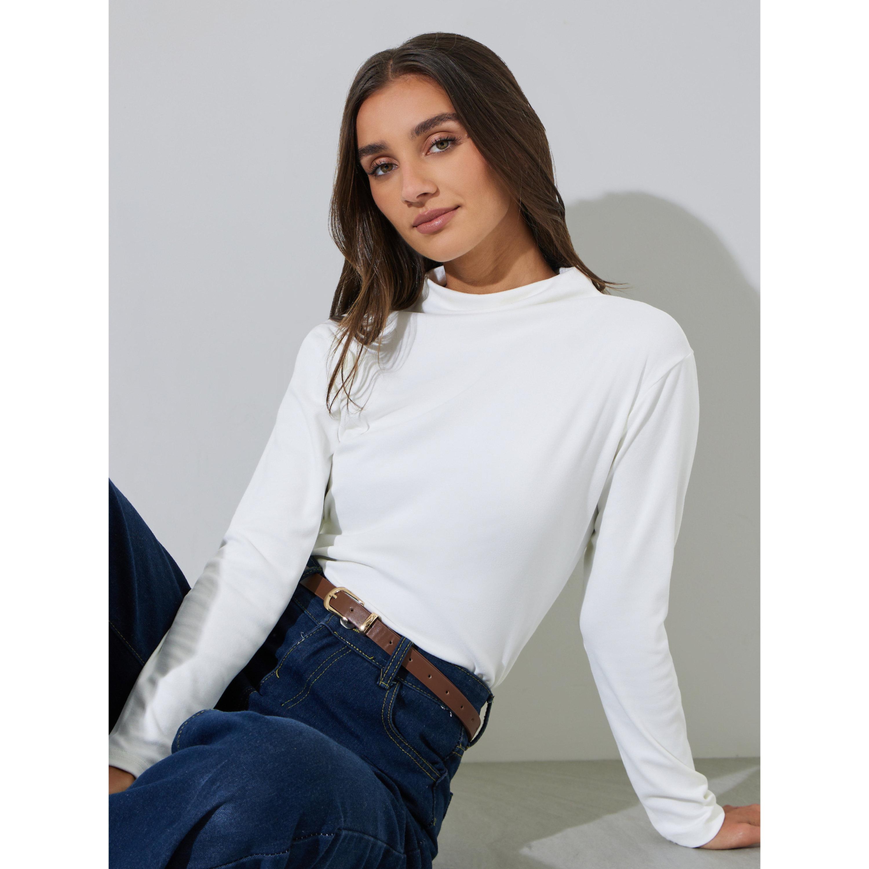 بلوزة محبوكة بأكمام طويلة وياقة عالية سادة باللون الأبيض-women-clothing-shirtsandblouses-blouses-image-4