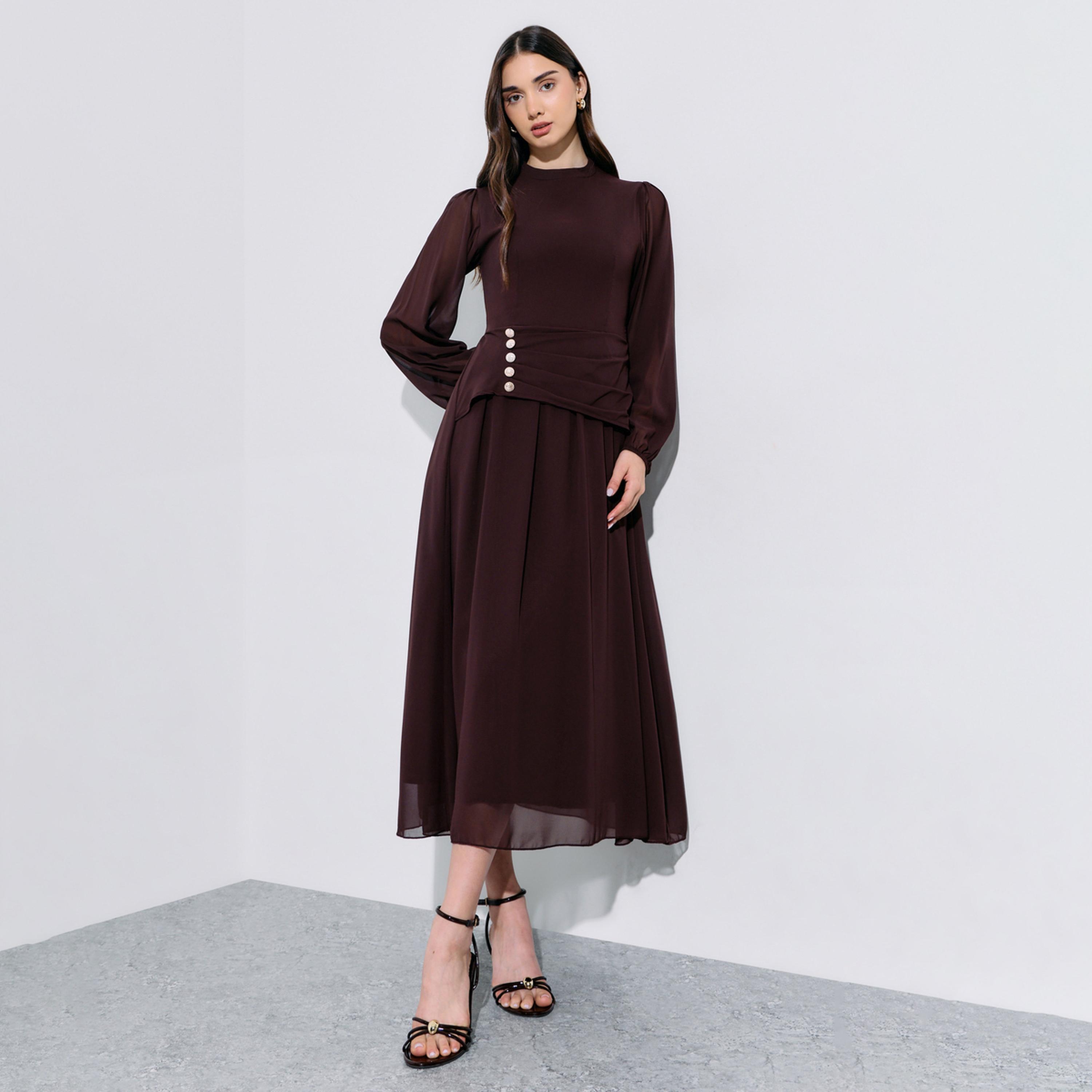 Styli Brown Rhinestone Embellished Chiffon A-Line Maxi Dress-women-clothing-dresses-image-1