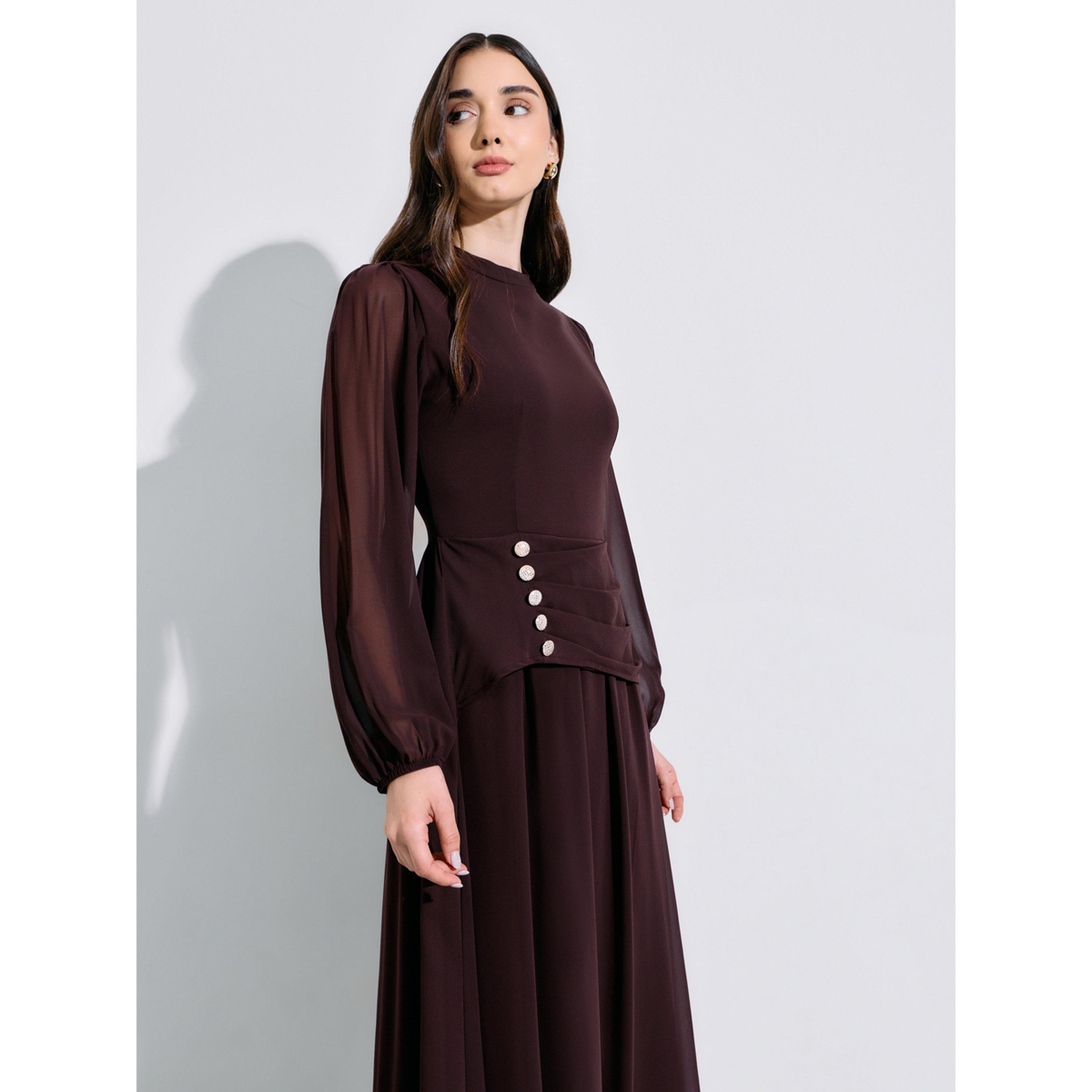 Styli Brown Rhinestone Embellished Chiffon A-Line Maxi Dress-women-clothing-dresses-image-2