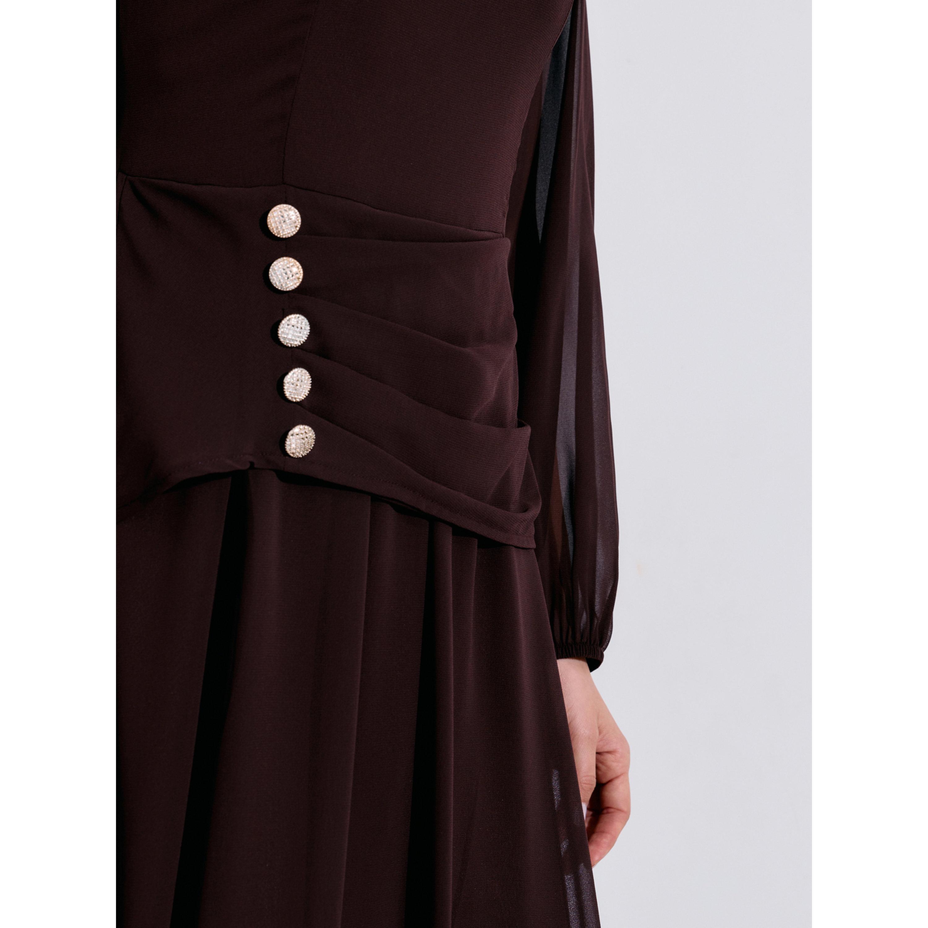 Styli Brown Rhinestone Embellished Chiffon A-Line Maxi Dress-women-clothing-dresses-image-4