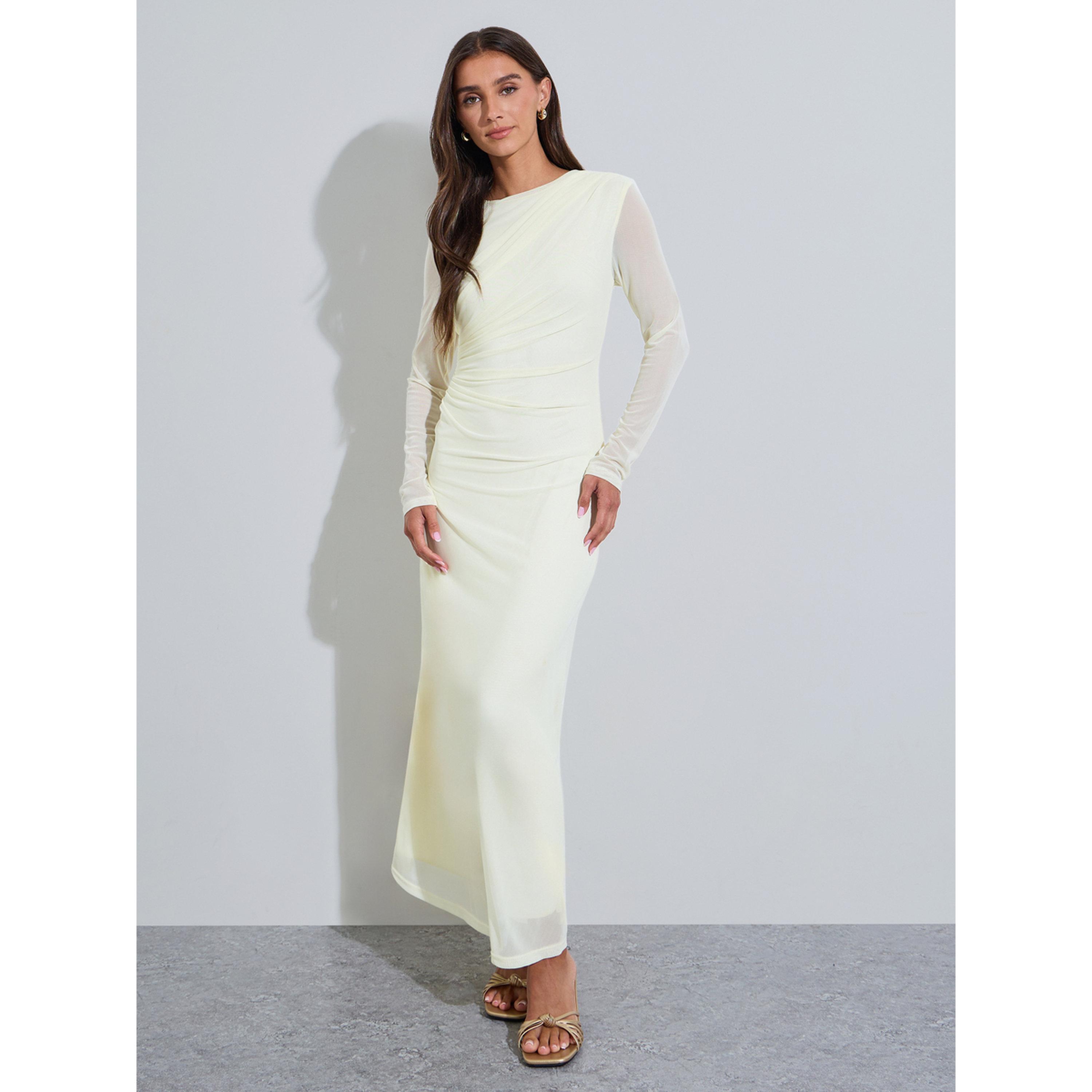 Styli Yellow Solid Side Ruched Detail Mech Maxi Dress-women-clothing-dresses-image-1