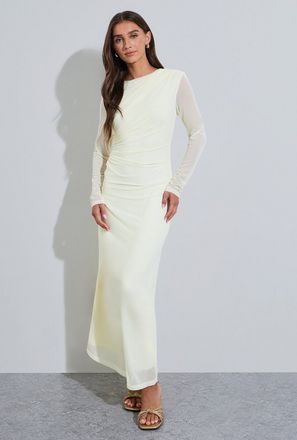 فستان طويل شبكي بتفاصيل ثنيات جانبية سادة بلون أصفر-women-clothing-image-1