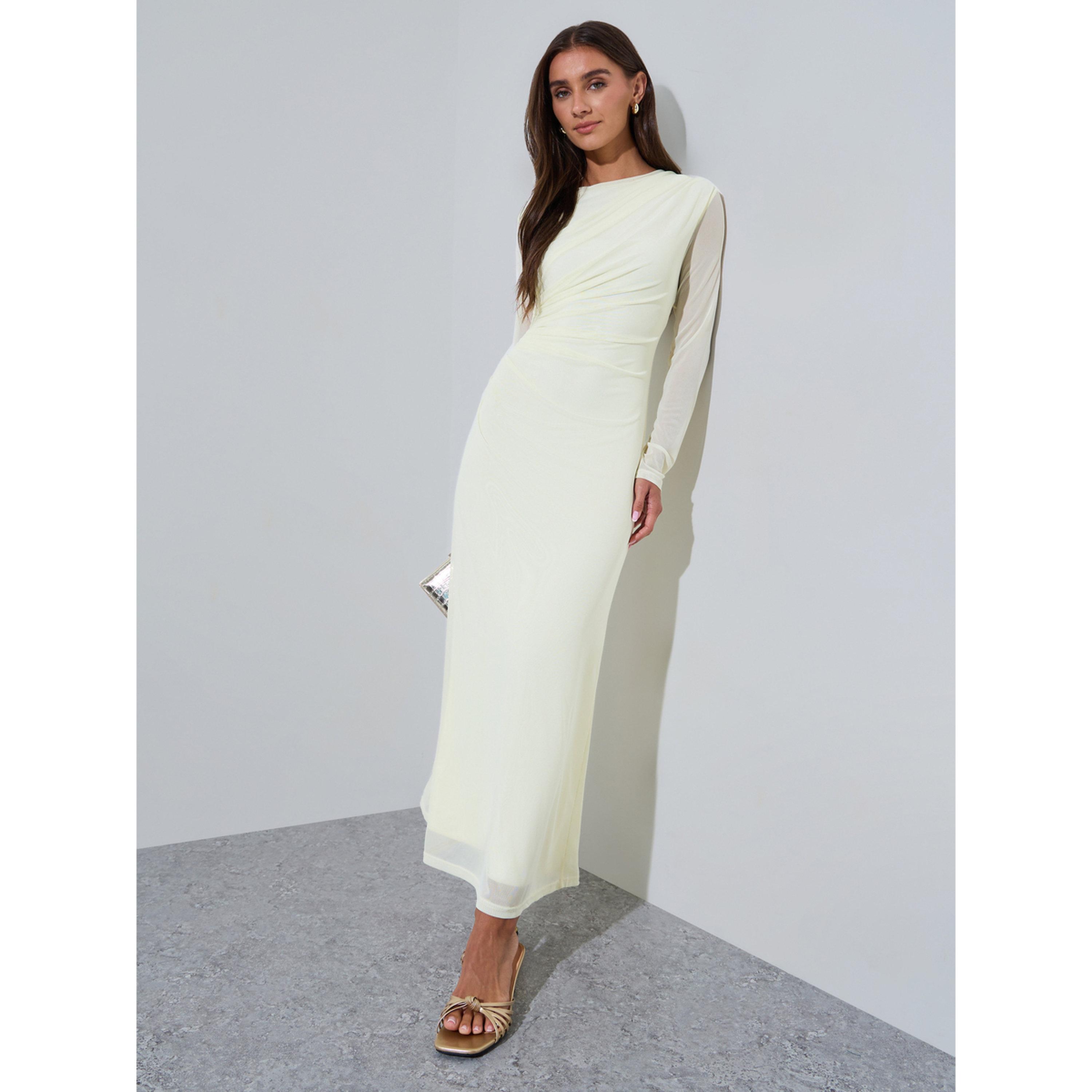 Styli Yellow Solid Side Ruched Detail Mech Maxi Dress-women-clothing-dresses-image-4