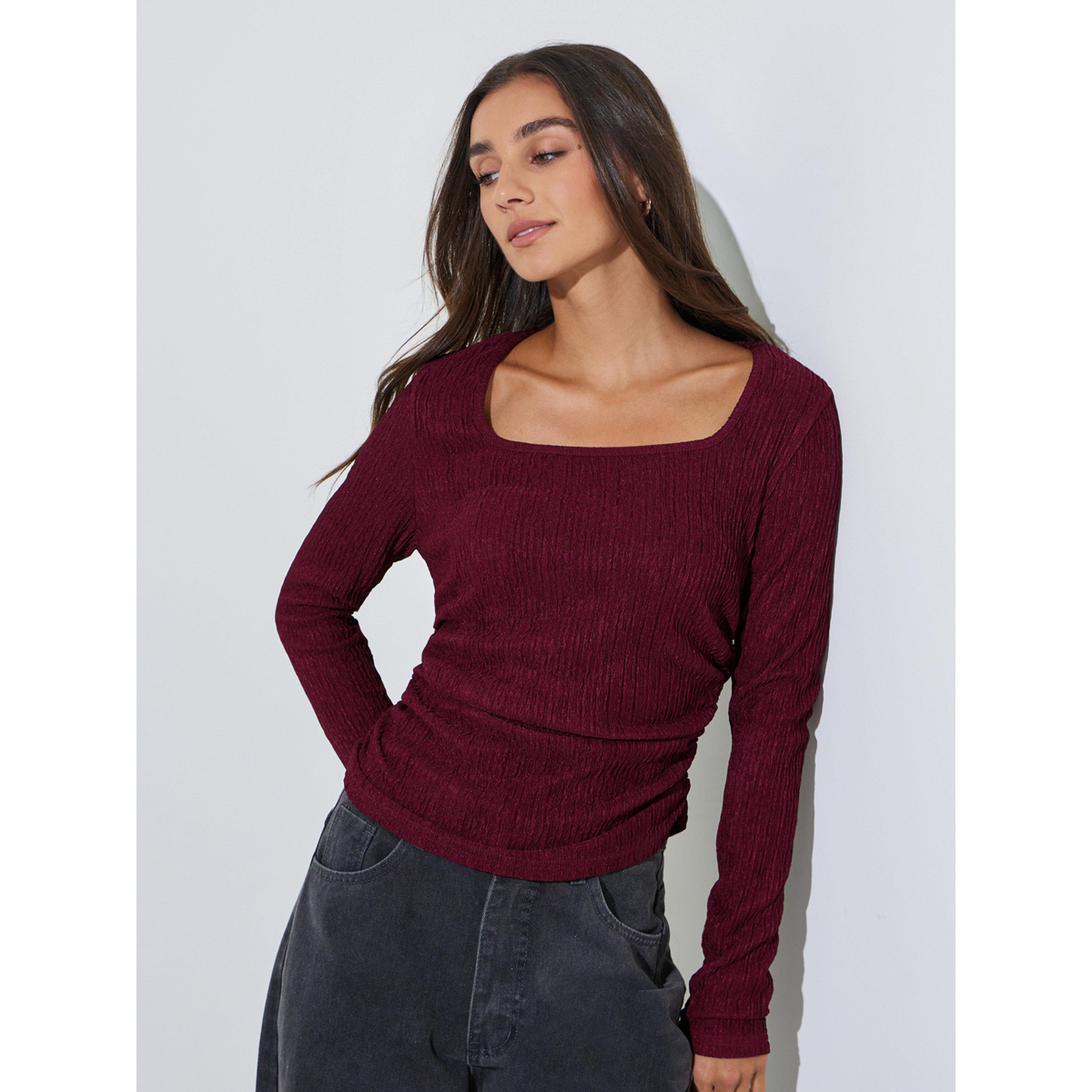 Styli Burgundy Textured Square Neck Long Sleeves Top-women-clothing-shirtsandblouses-blouses-image-1