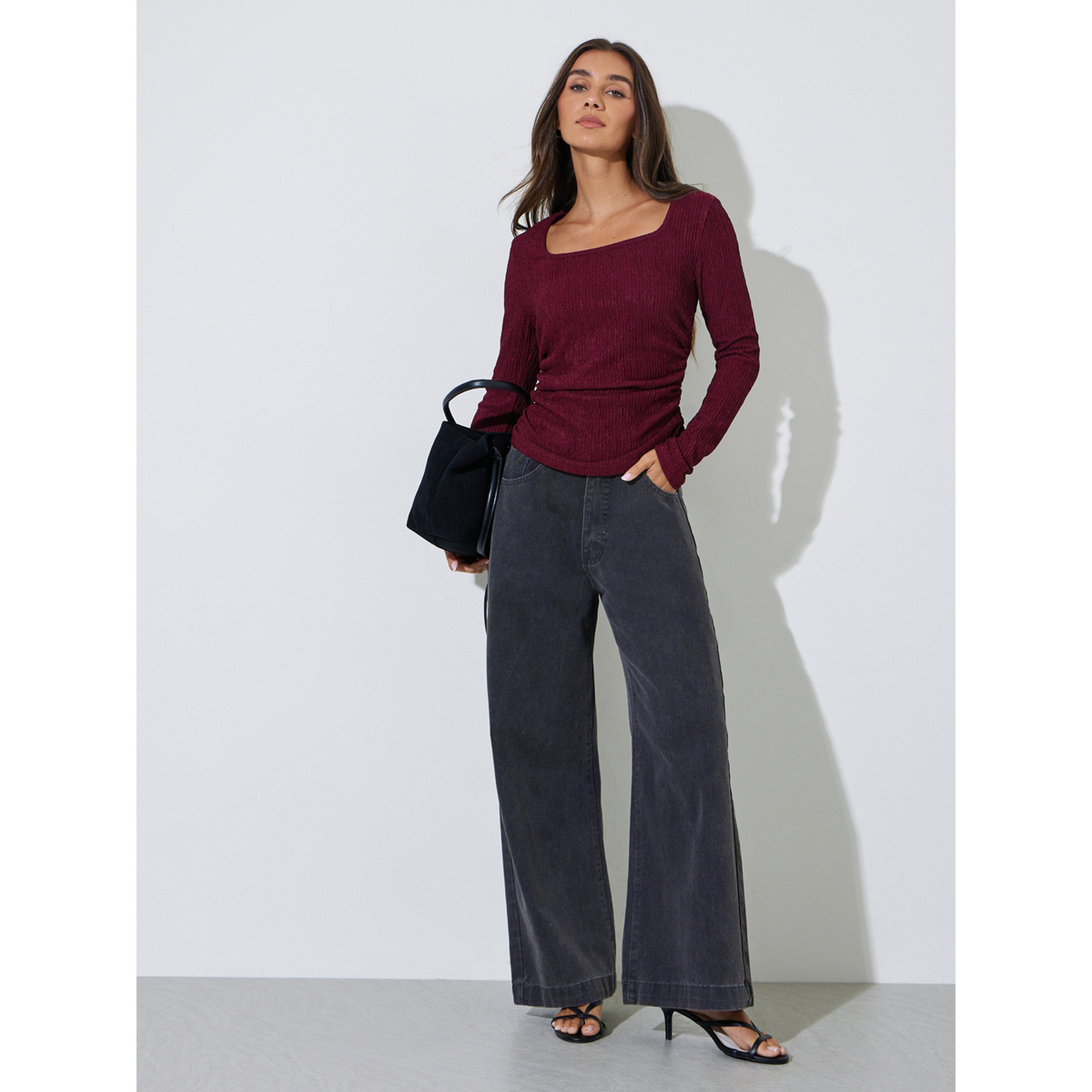 Styli Burgundy Textured Square Neck Long Sleeves Top-women-clothing-shirtsandblouses-blouses-image-2