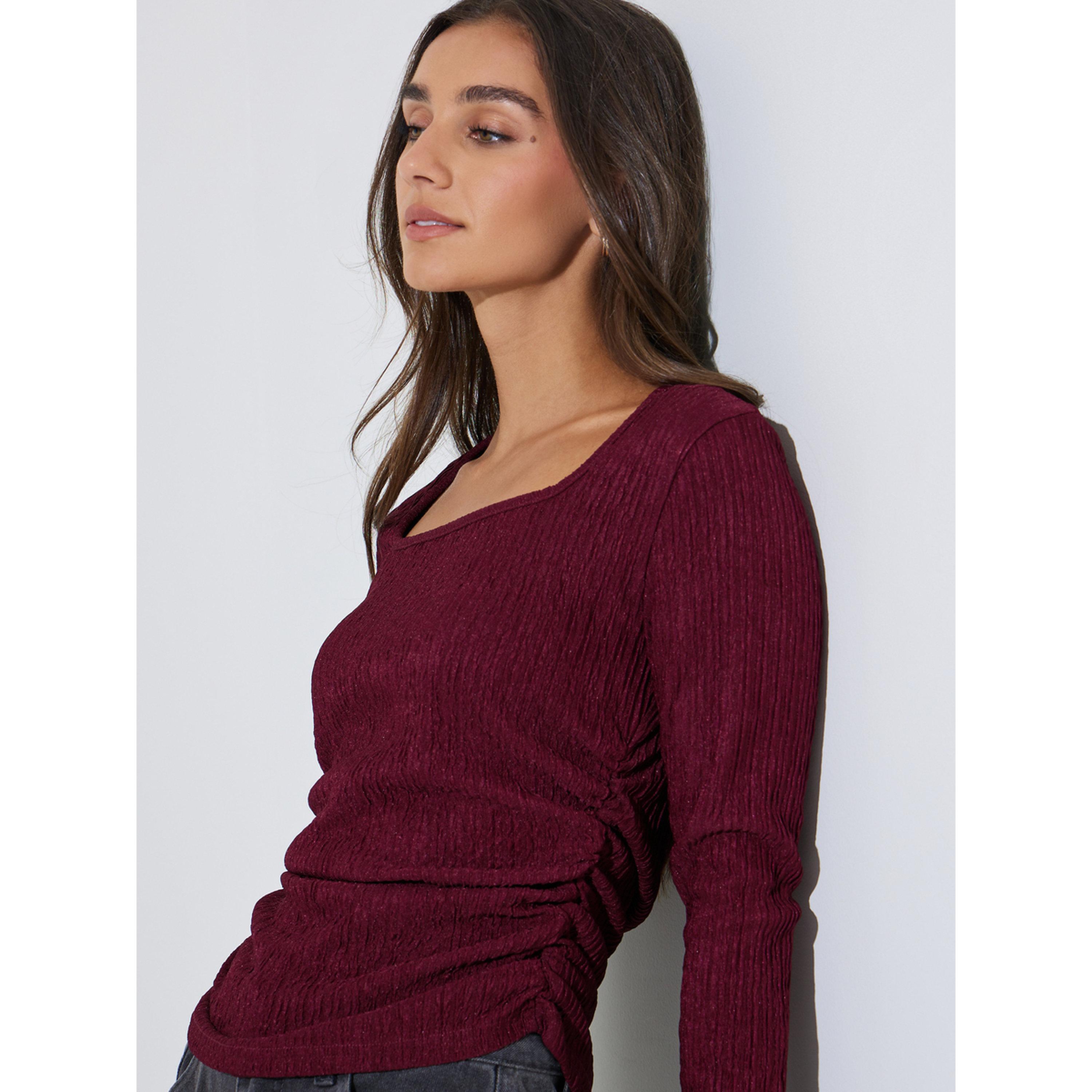 Styli Burgundy Textured Square Neck Long Sleeves Top-women-clothing-shirtsandblouses-blouses-image-5
