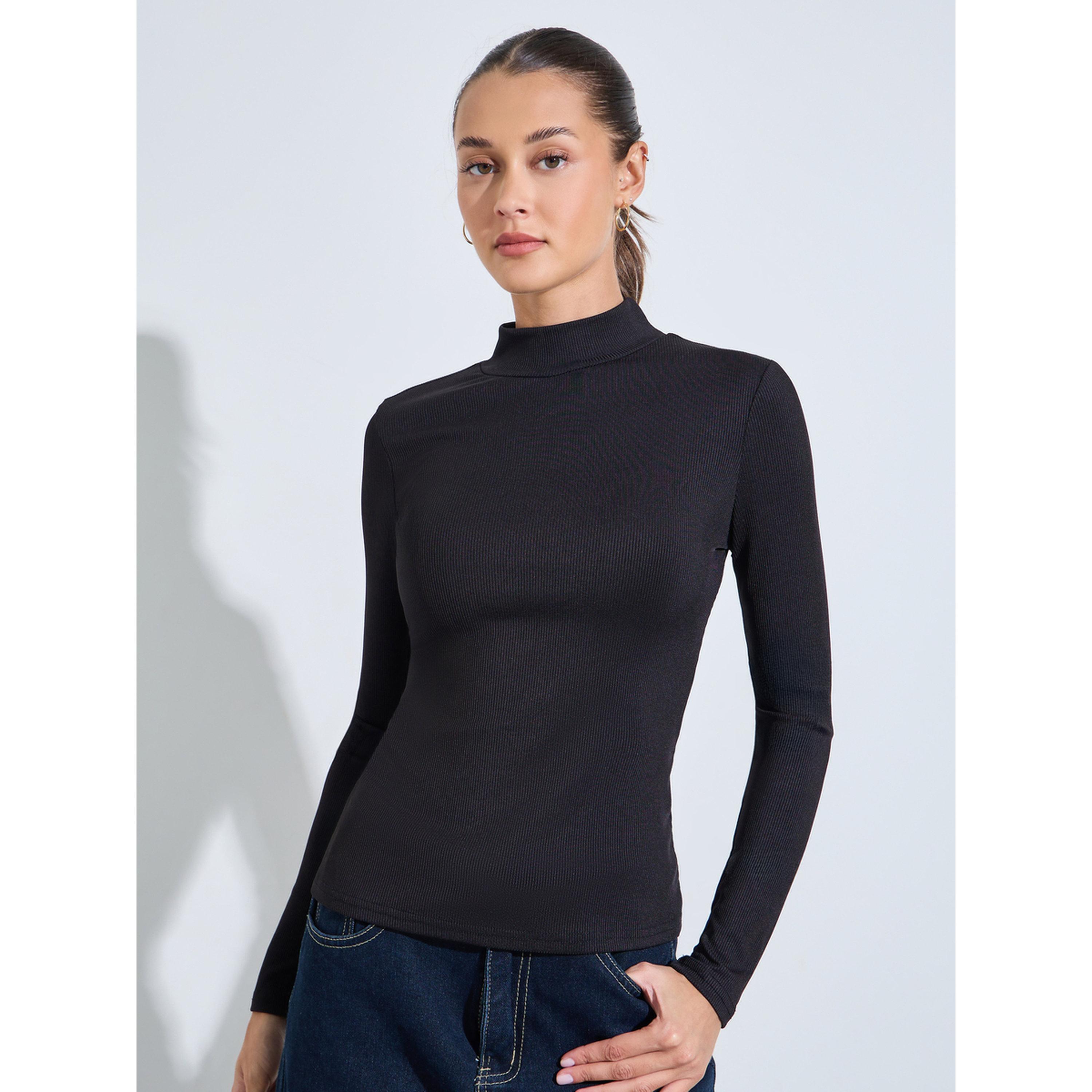Styli Black Solid High Neck Ribbed Fitted Top-women-clothing-shirtsandblouses-blouses-image-1
