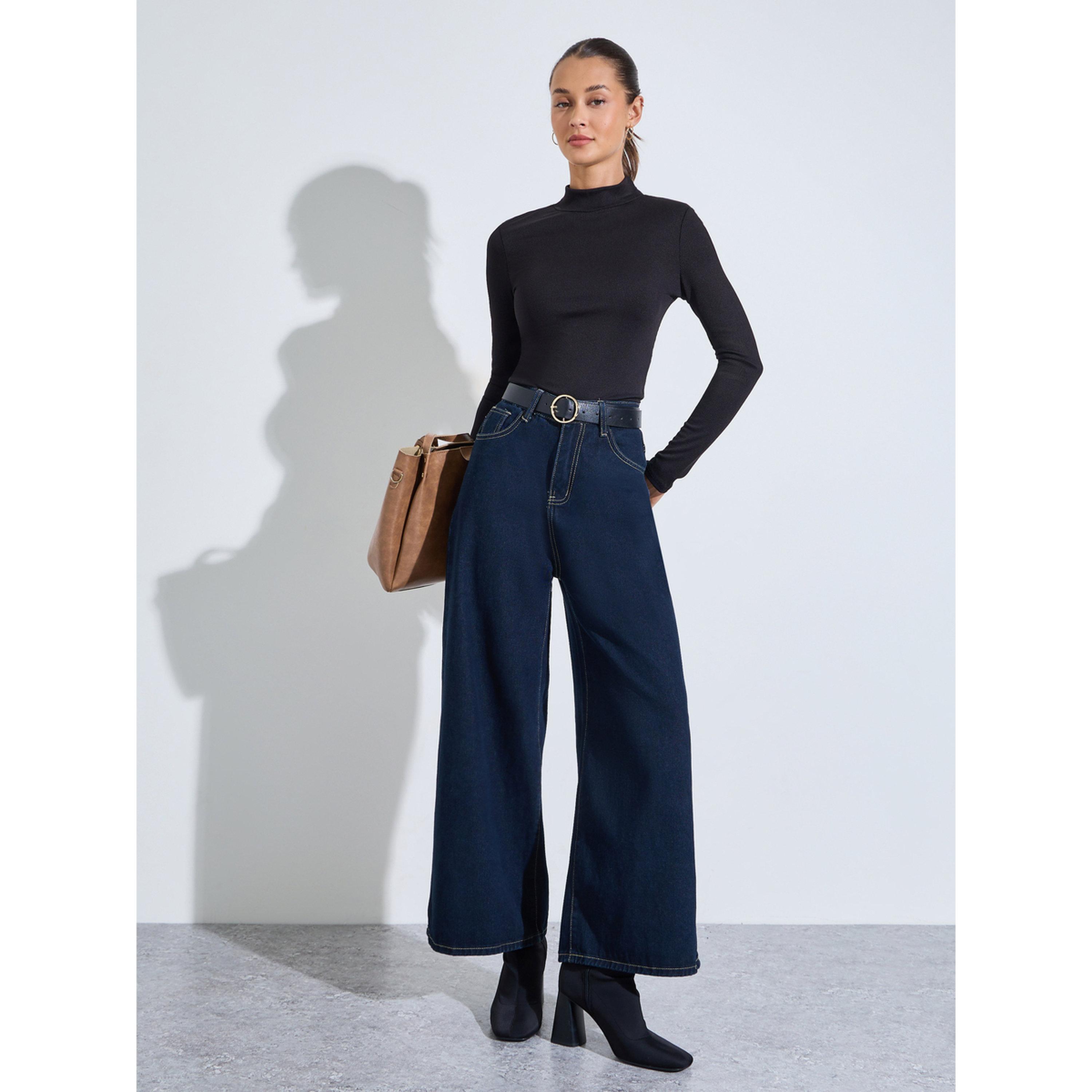 Styli Black Solid High Neck Ribbed Fitted Top-women-clothing-shirtsandblouses-blouses-image-2