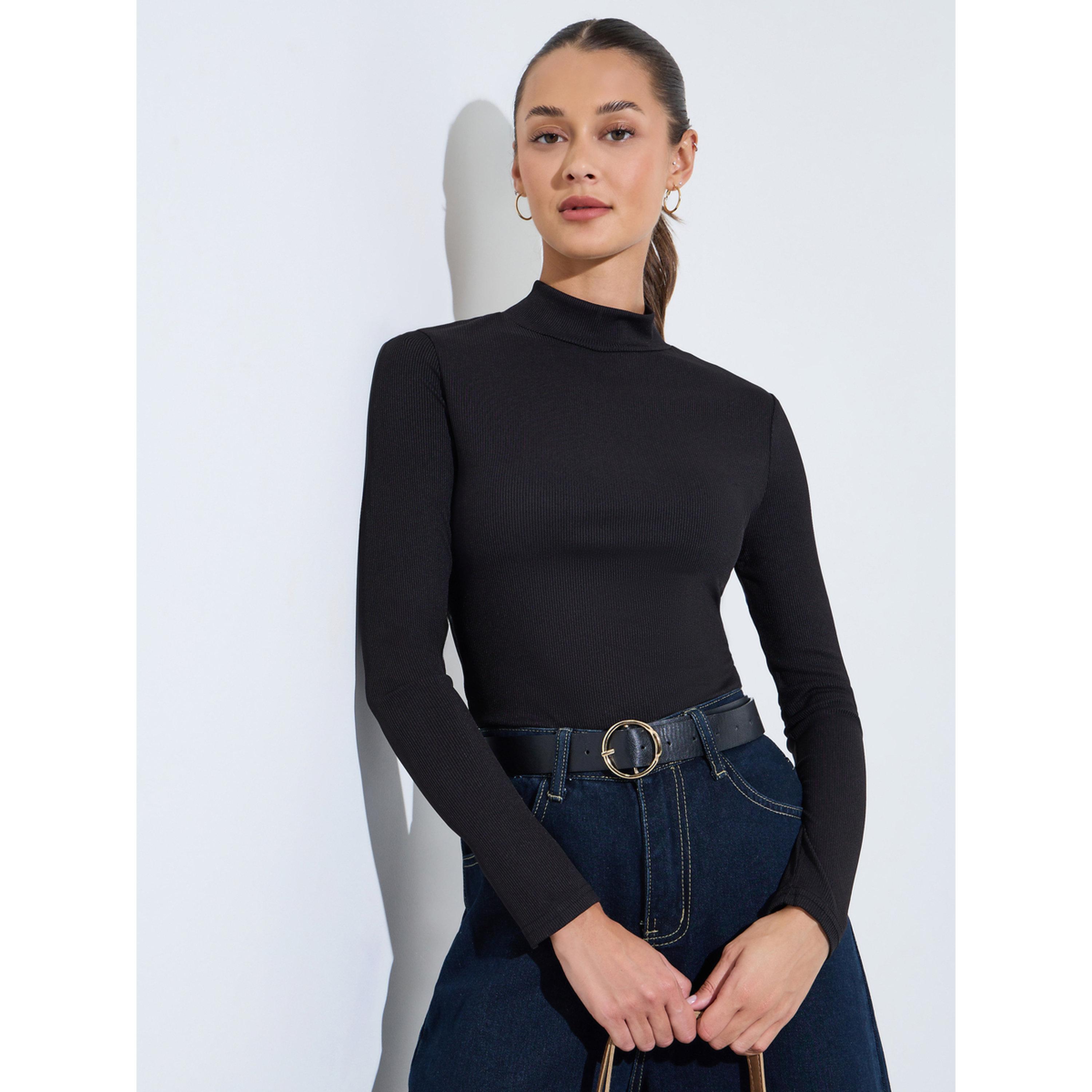 Styli Black Solid High Neck Ribbed Fitted Top-women-clothing-shirtsandblouses-blouses-image-5