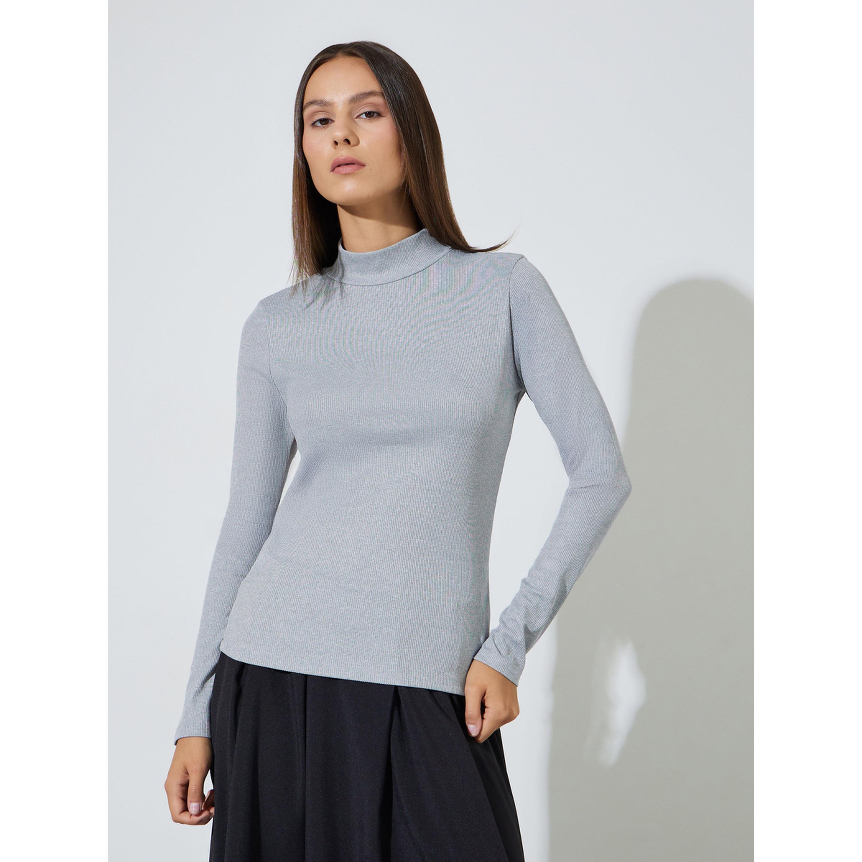 Styli Grey Solid High Neck Ribbed Fitted Top-women-clothing-shirtsandblouses-blouses-image-1