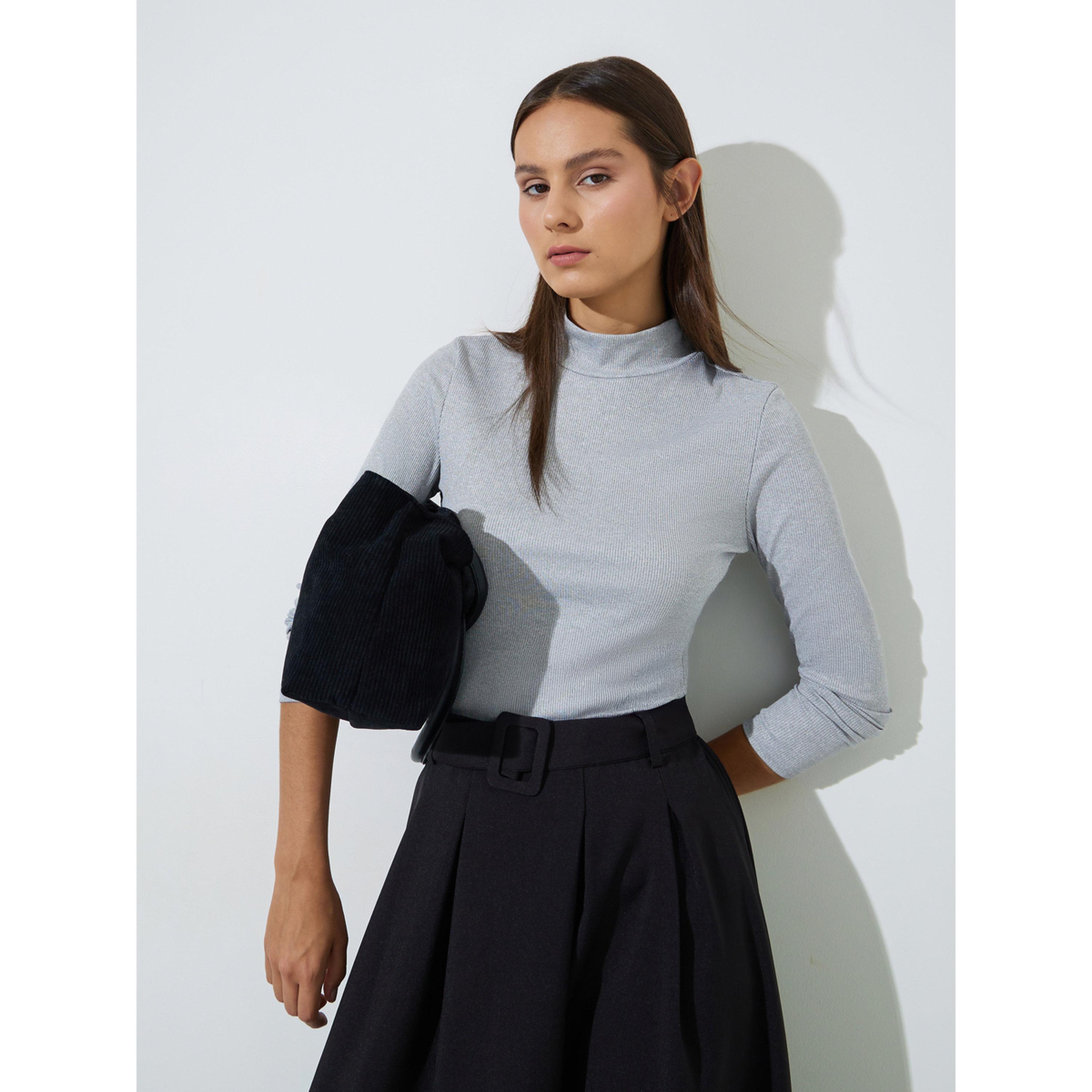 Styli Grey Solid High Neck Ribbed Fitted Top-women-clothing-shirtsandblouses-blouses-image-4