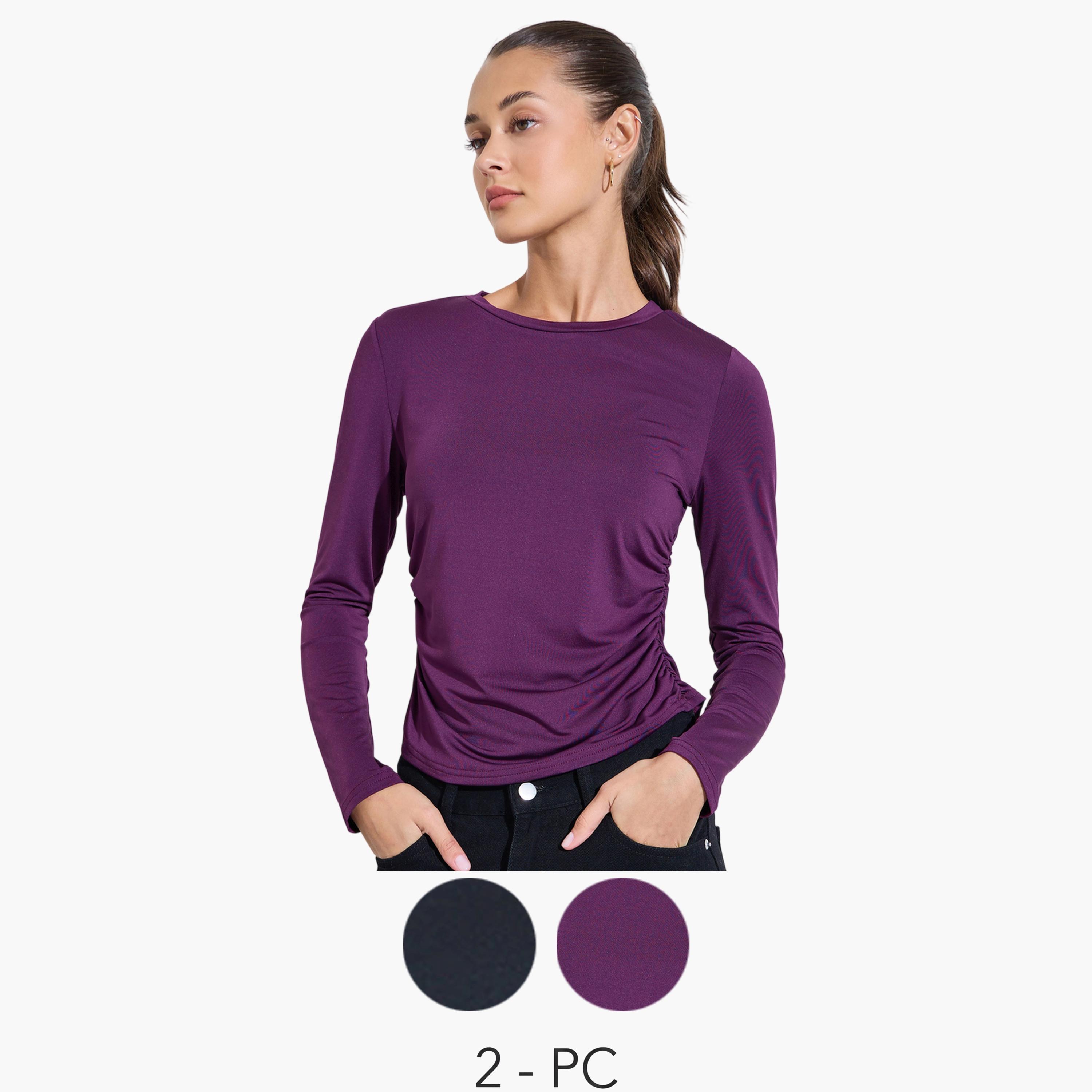 Styli Pack of 2 - Multi-Color Solid Side Ruched Details Fitted T-Shirts-women-clothing-tshirts-image-1