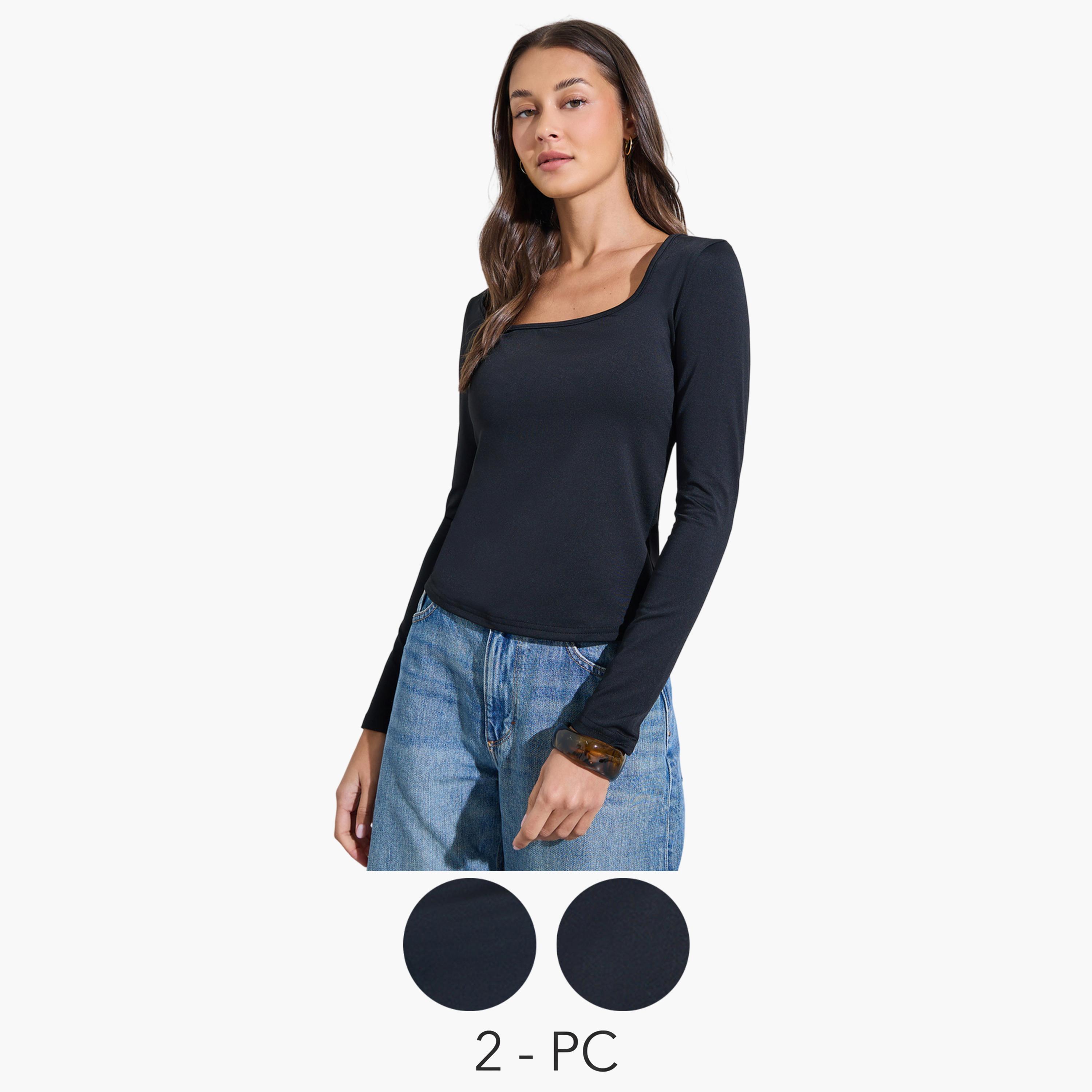 Styli Pack of 2 - Black Square Neck Long Sleeves Knit T-Shirt-women-clothing-tshirts-image-1