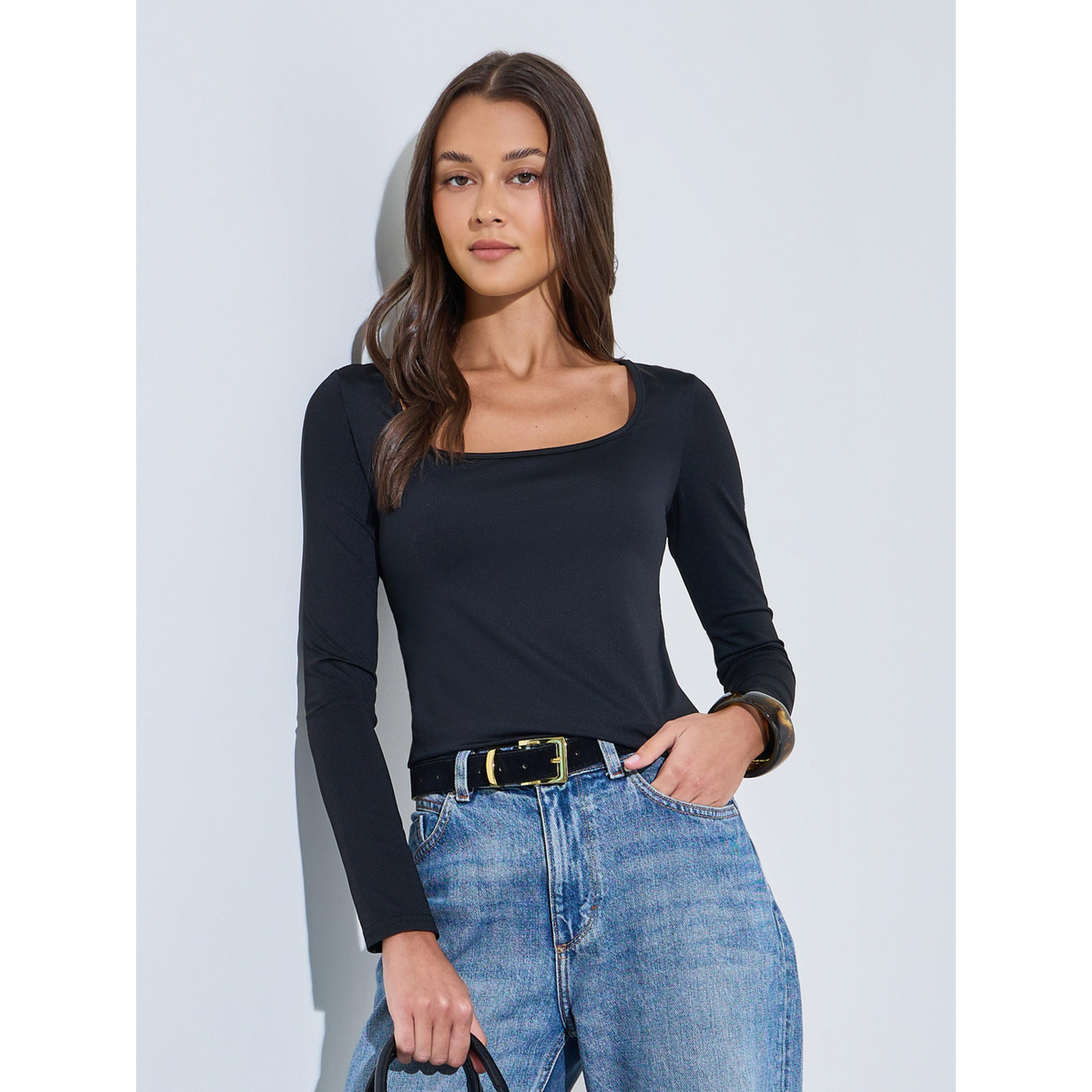 طقم من تيشيرتات محبوكة بأكمام طويلة وياقة مربعة باللون الأسود - قطعتين-women-clothing-tshirts-image-5