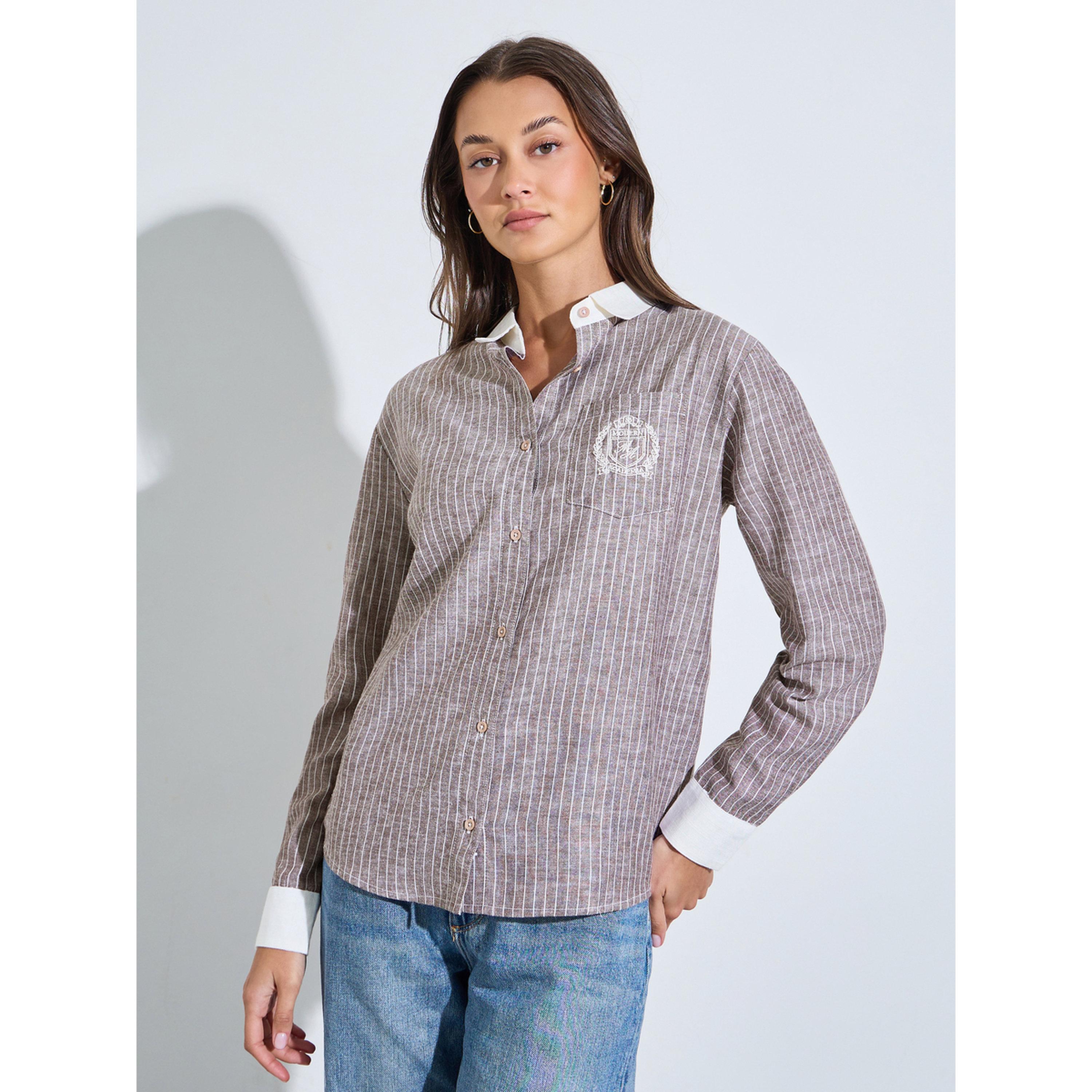 بلوزة مخططة بأكمام طويلة وتطريز على الجيب باللون البني-women-clothing-shirtsandblouses-shirts-image-1