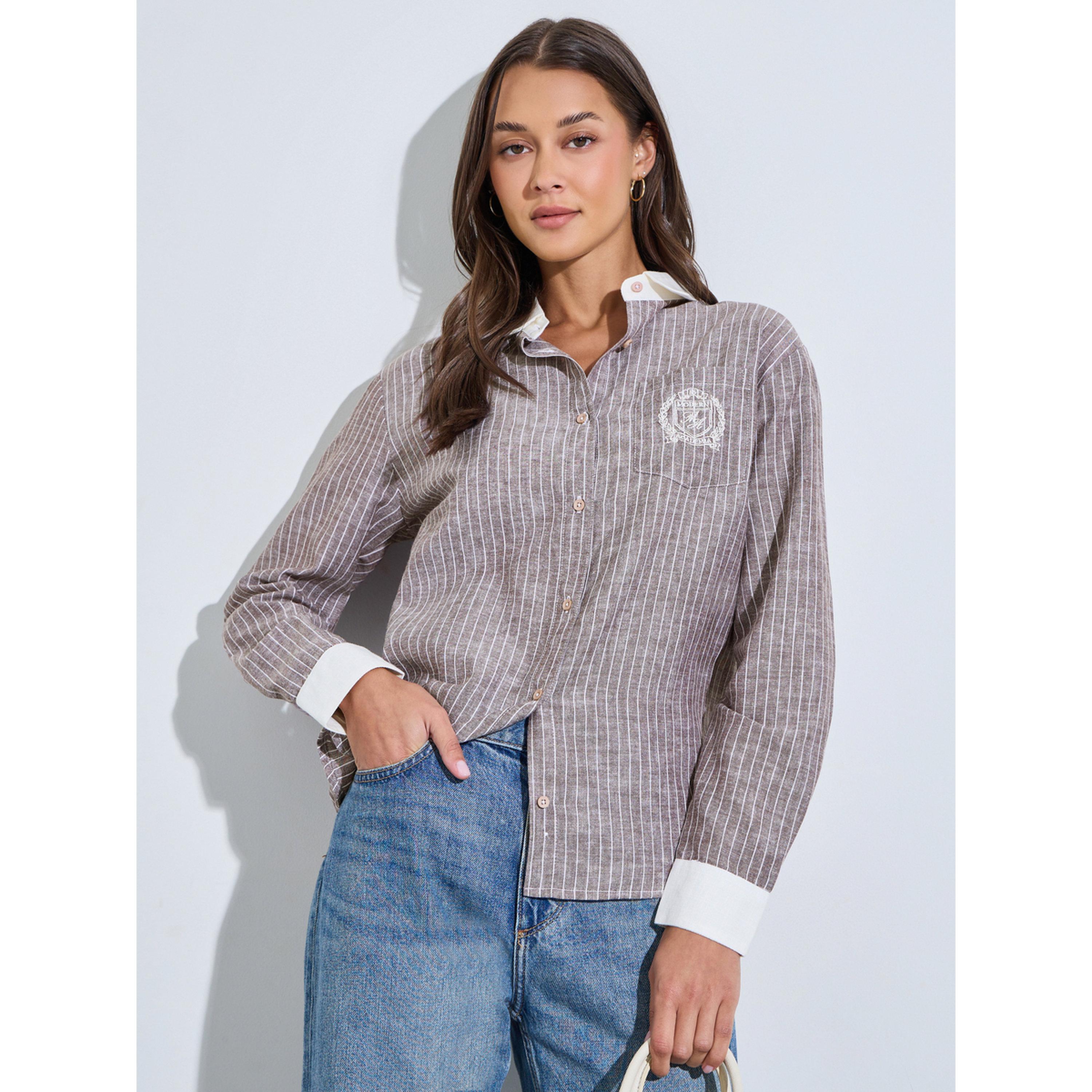 بلوزة مخططة بأكمام طويلة وتطريز على الجيب باللون البني-women-clothing-shirtsandblouses-shirts-image-3