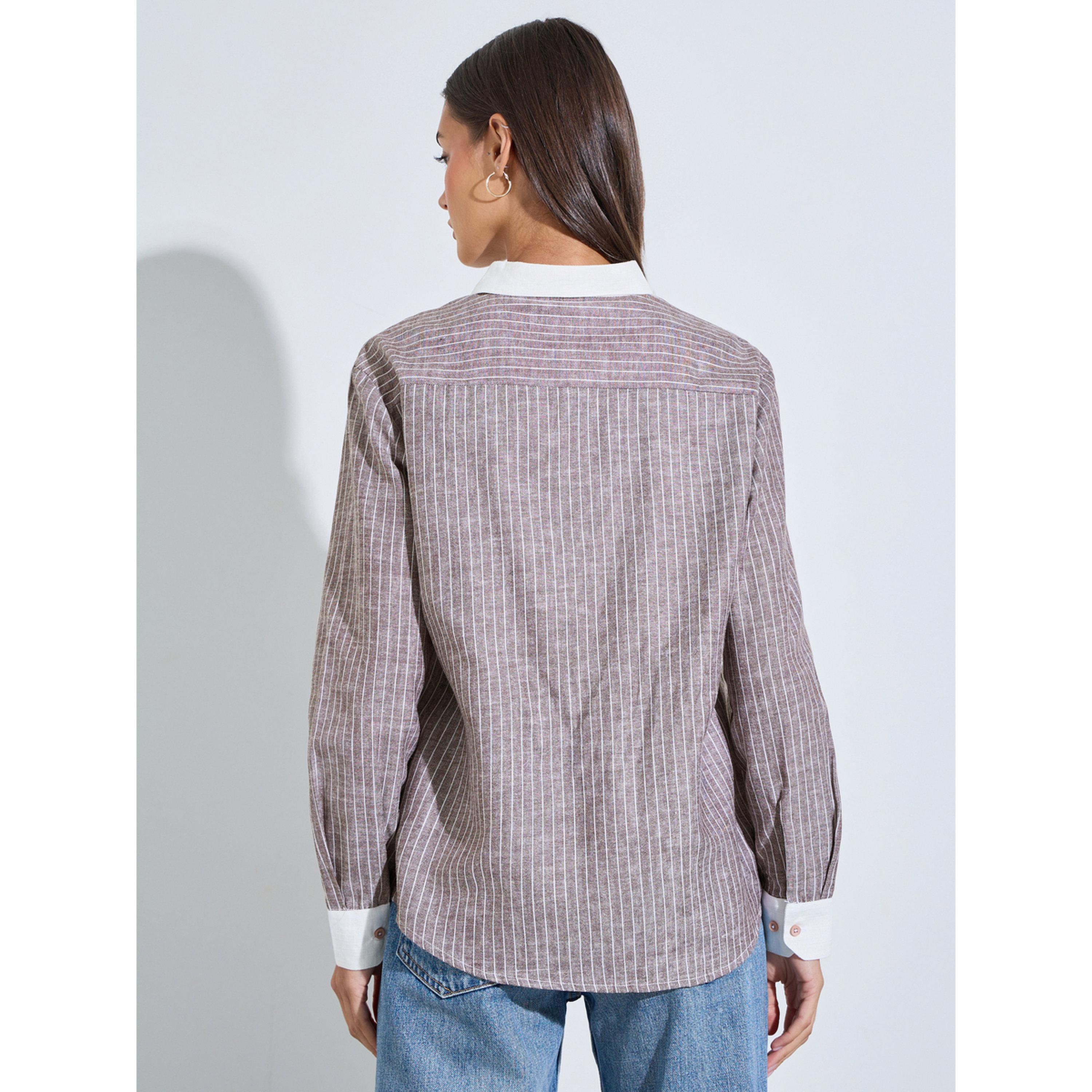 بلوزة مخططة بأكمام طويلة وتطريز على الجيب باللون البني-women-clothing-shirtsandblouses-shirts-image-4