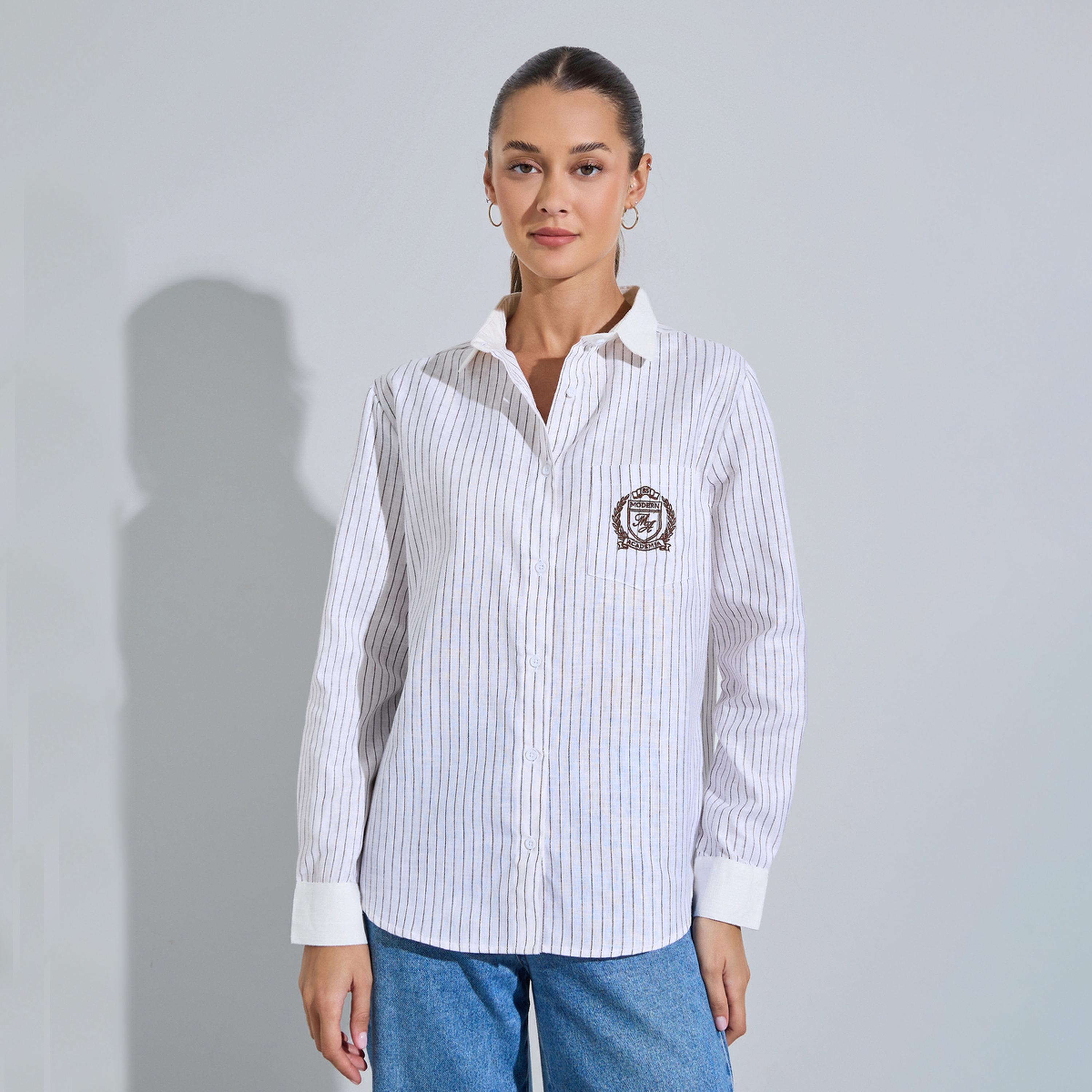 بلوزة مخططة بأكمام طويلة وتطريز على الجيب باللون الأوف وايت-women-clothing-shirtsandblouses-shirts-image-1