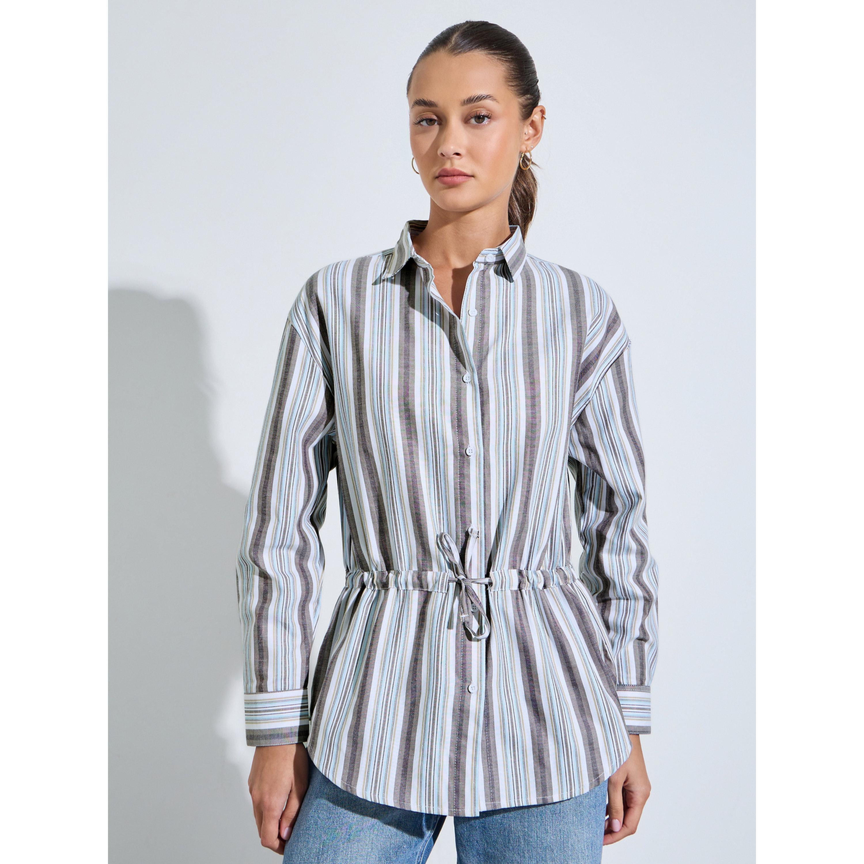 بلوزة واسعة مخططة برباط على الخصر باللون البيج-women-clothing-shirtsandblouses-shirts-image-1