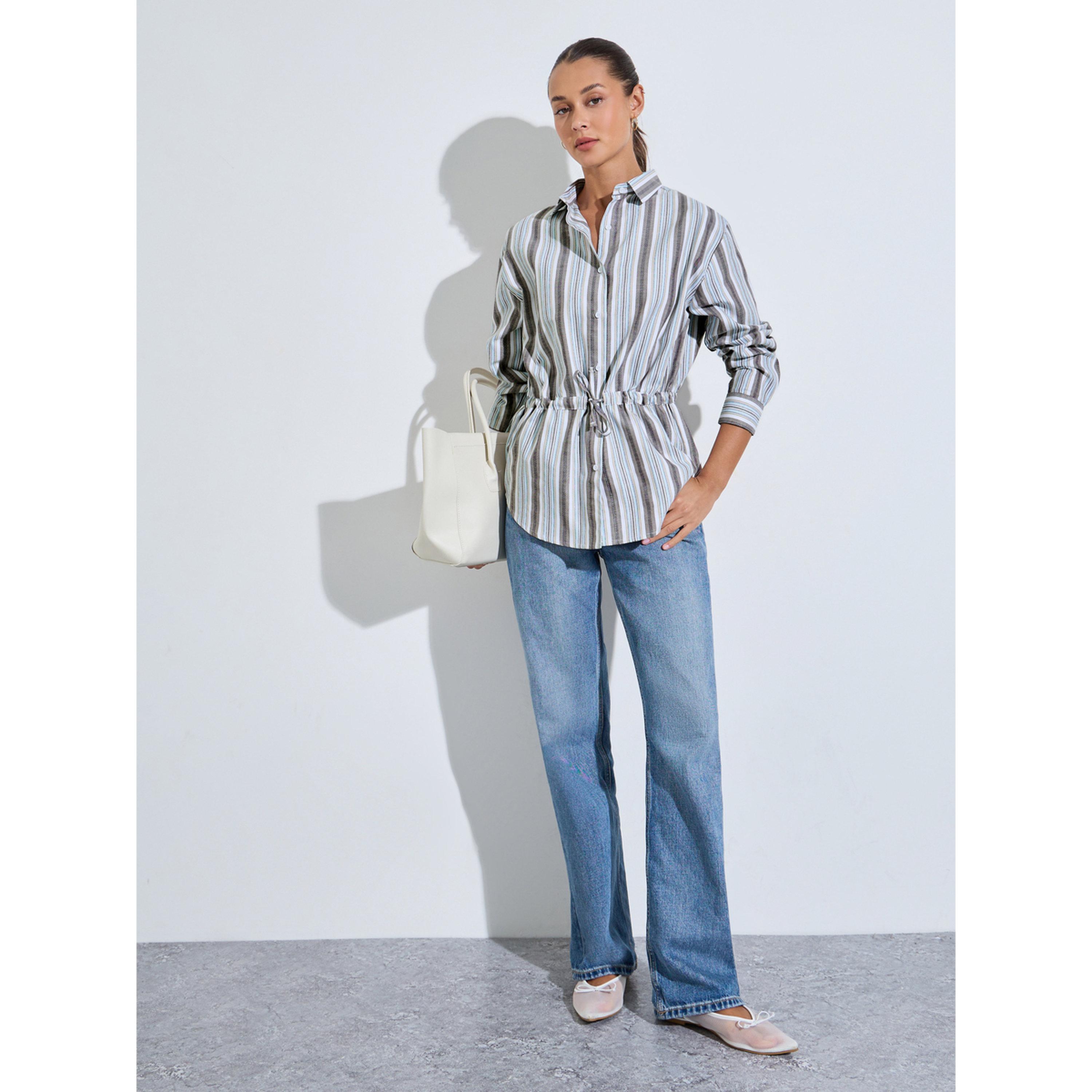 بلوزة واسعة مخططة برباط على الخصر باللون البيج-women-clothing-shirtsandblouses-shirts-image-2