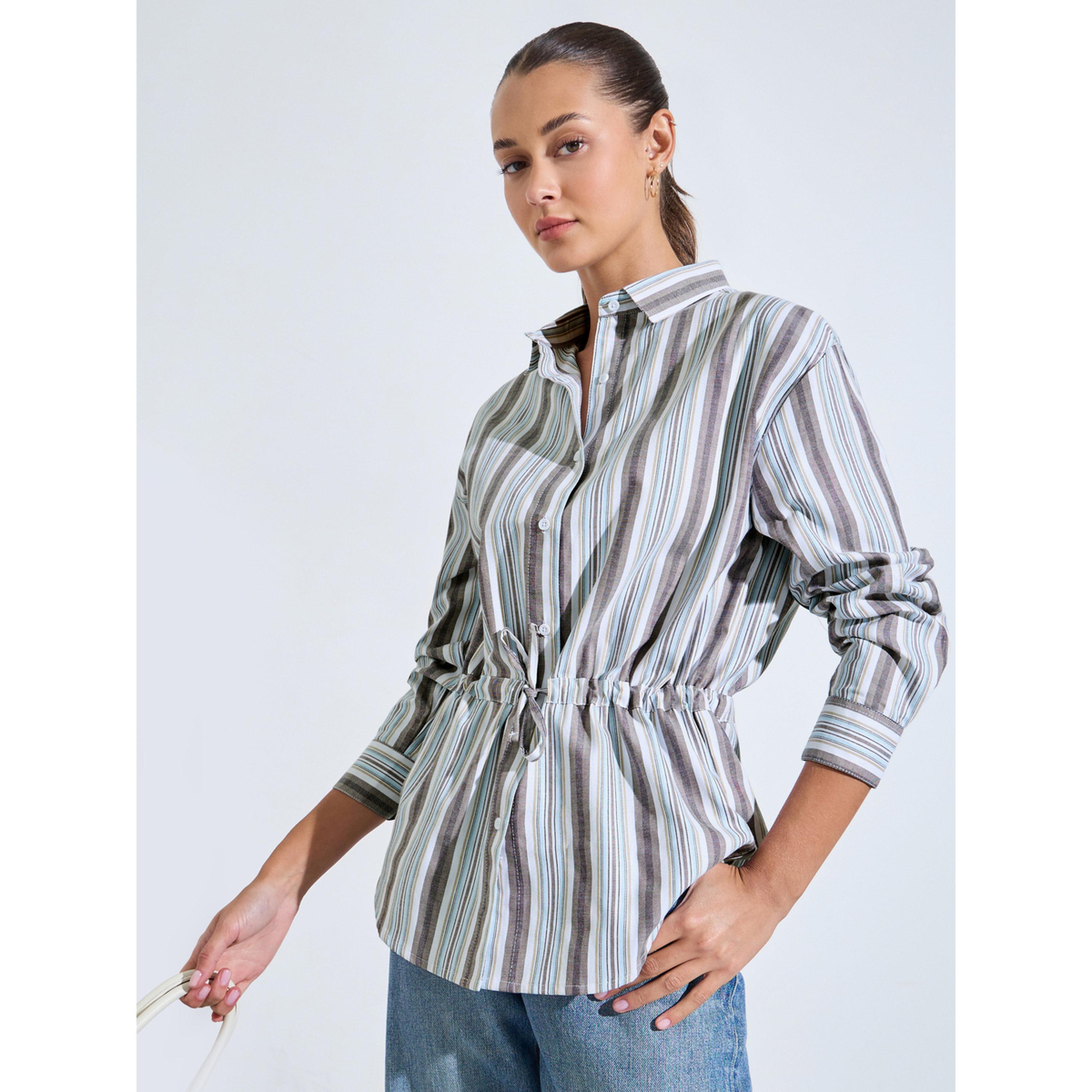 بلوزة واسعة مخططة برباط على الخصر باللون البيج-women-clothing-shirtsandblouses-shirts-image-3