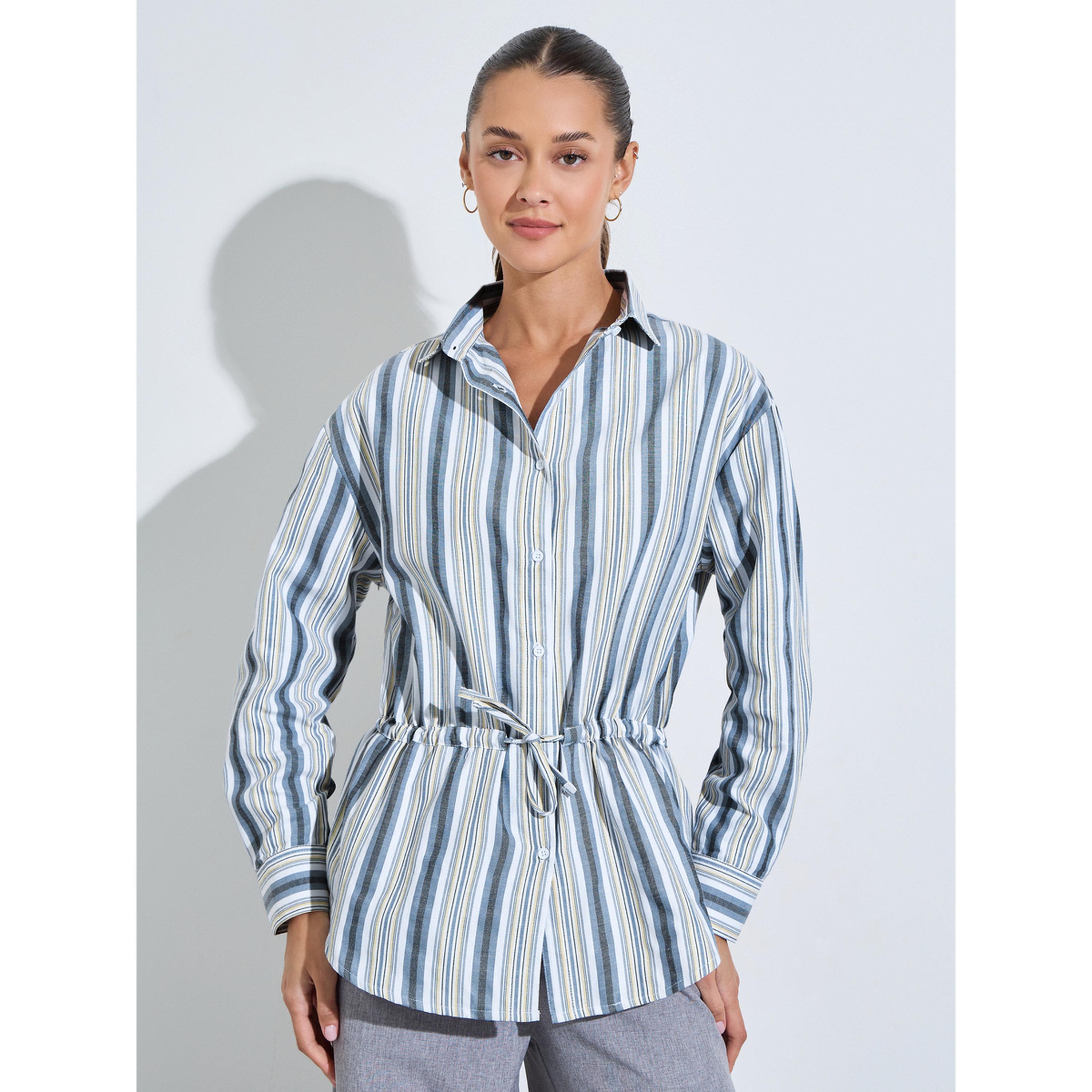 بلوزة واسعة مخططة برباط على الخصر باللون الأزرق-women-clothing-shirtsandblouses-shirts-image-1