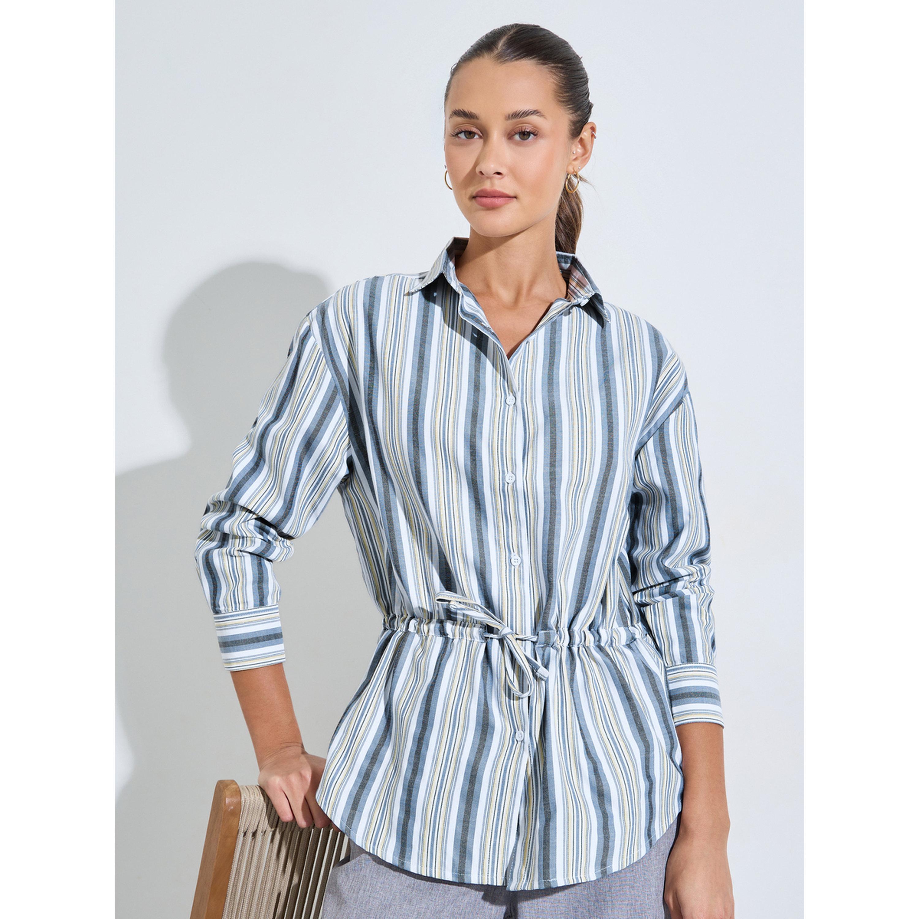 بلوزة واسعة مخططة برباط على الخصر باللون الأزرق-women-clothing-shirtsandblouses-shirts-image-3