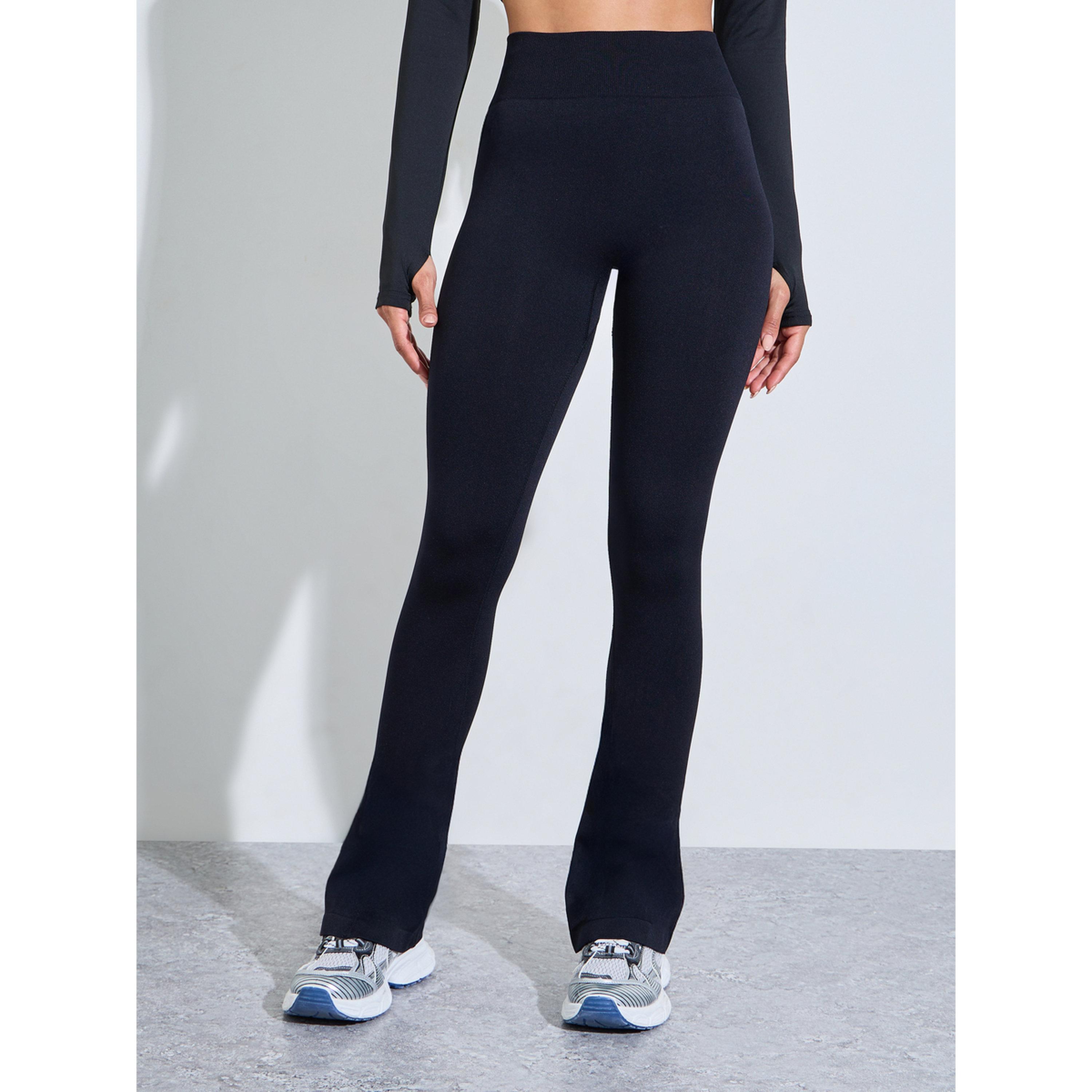 Styli Black Solid High-Waist Flare Active Pants-women-clothing-bottoms-joggers-image-1