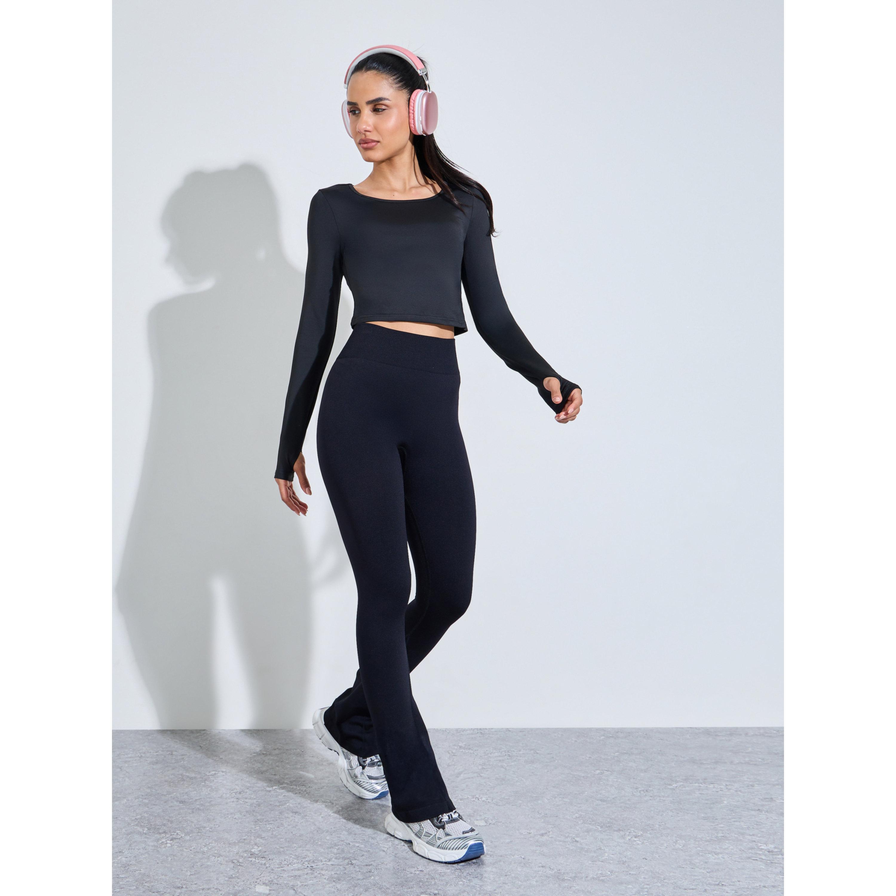 Styli Black Solid High-Waist Flare Active Pants-women-clothing-bottoms-joggers-image-2