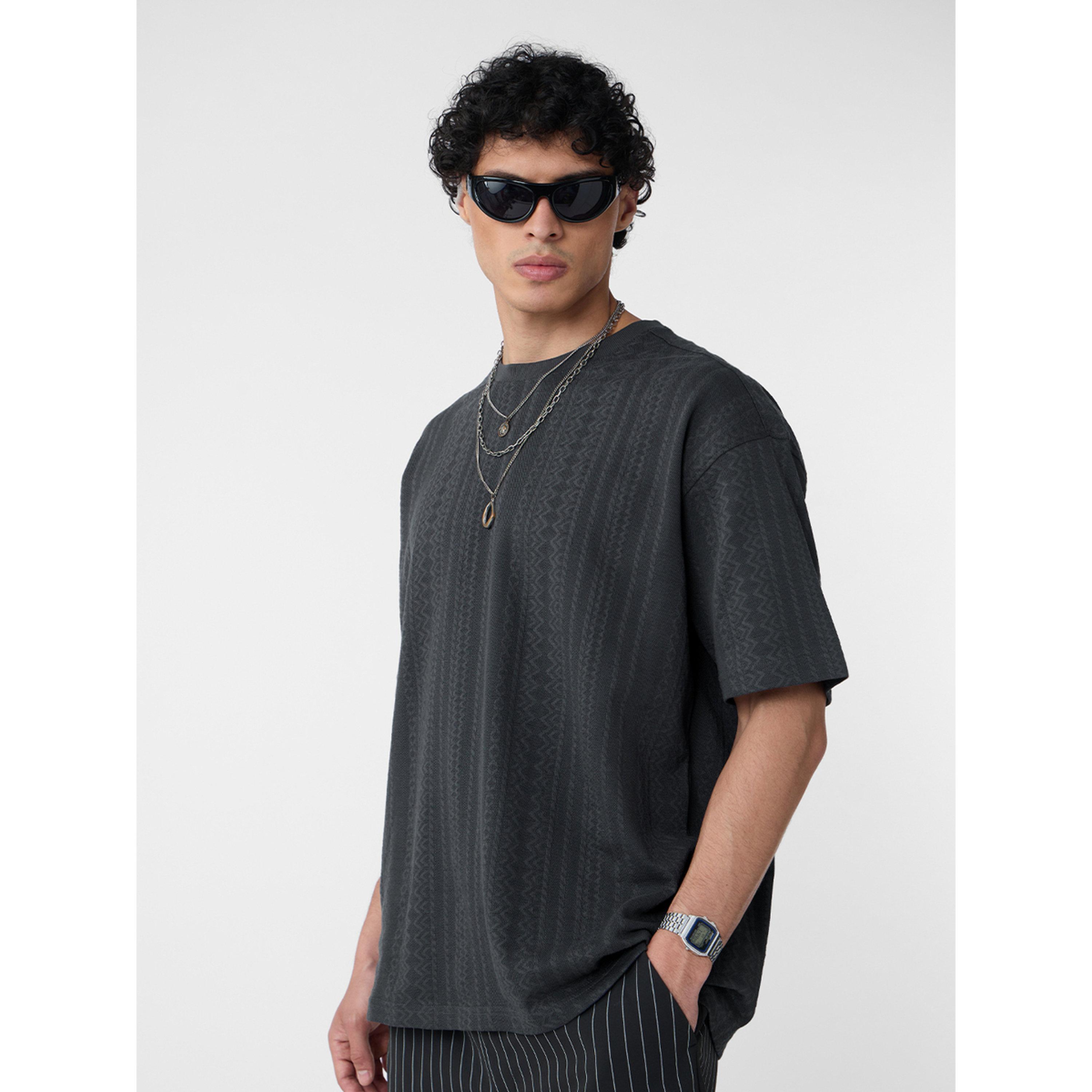 The Souled Store X Styli Men Charcoal Oversized Fit Textured Round Neck T-Shirt-men-clothing-tshirtsandpolos-tshirts-image-1