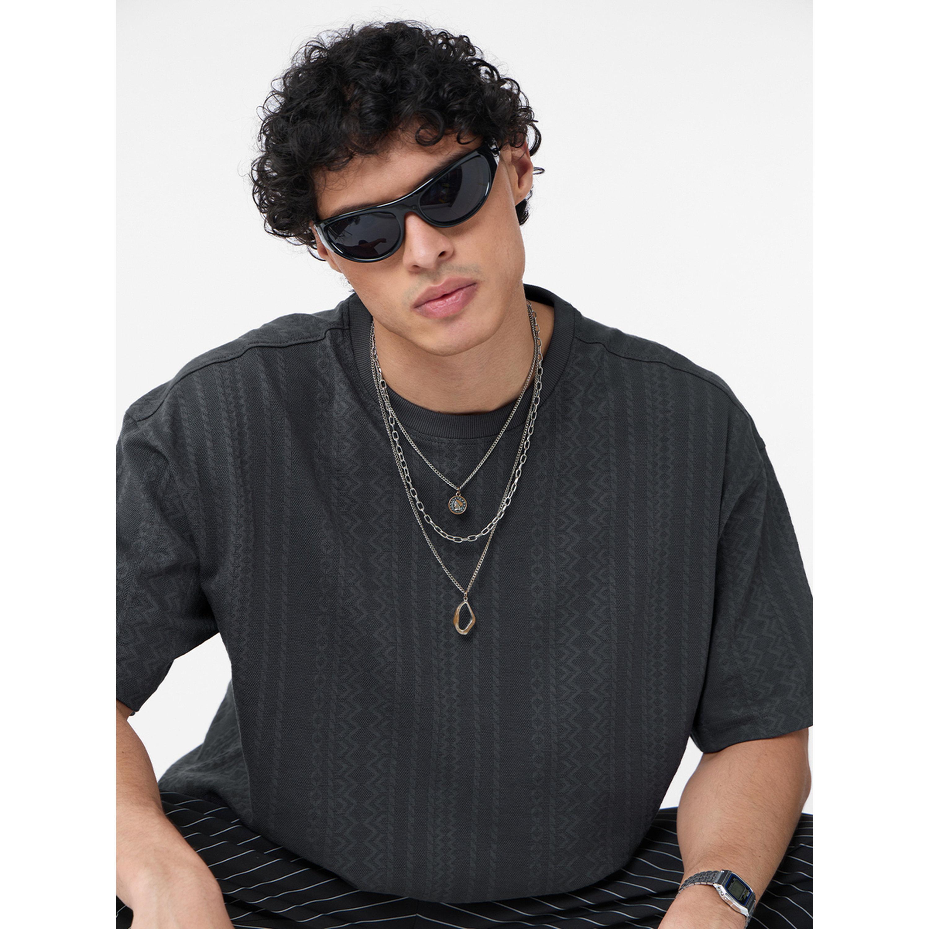 The Souled Store X Styli Men Charcoal Oversized Fit Textured Round Neck T-Shirt-men-clothing-tshirtsandpolos-tshirts-image-4