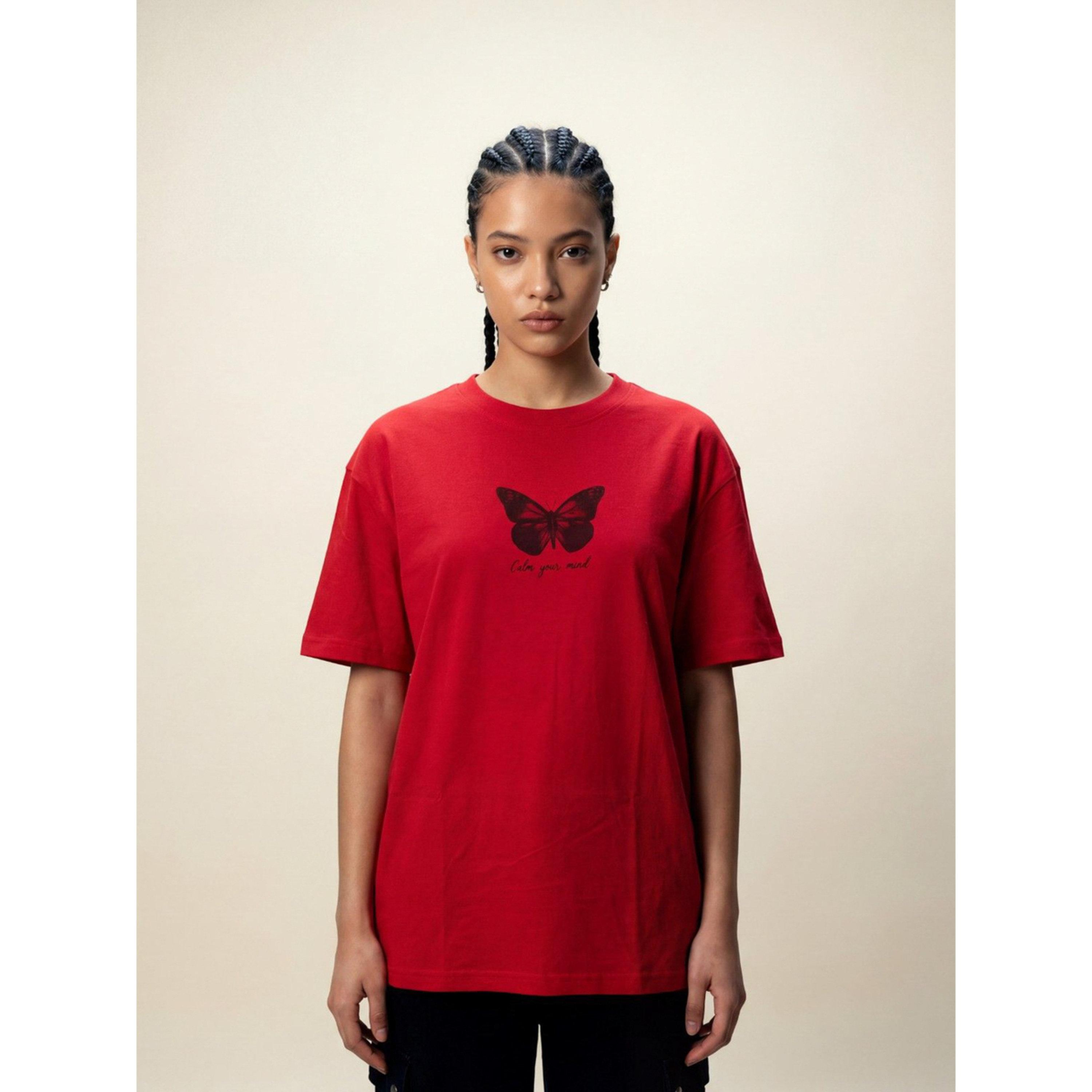 REPRISE X Styli Red Butterfly Print Round neck Oversized T-Shirt-women-clothing-tshirts-image-1
