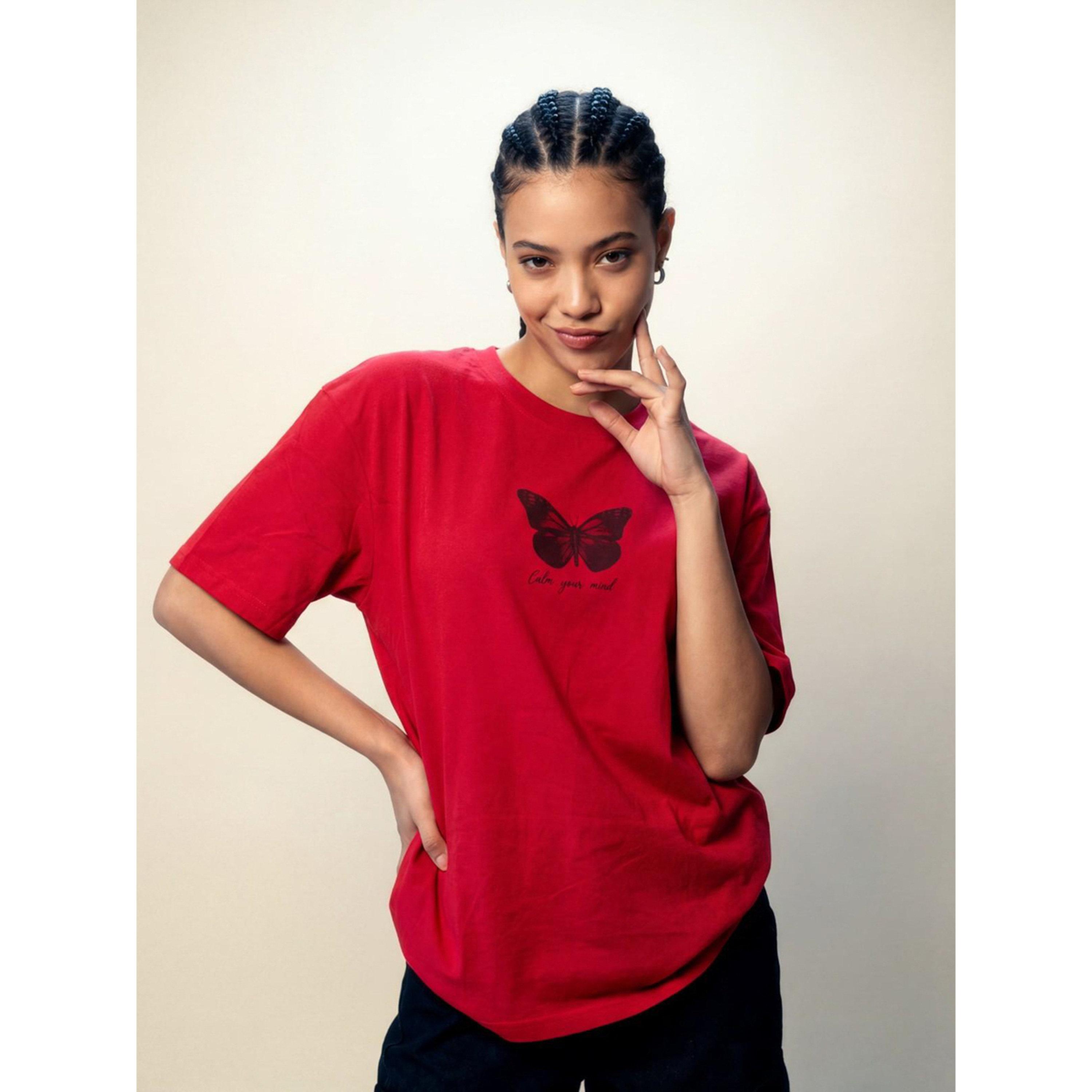 REPRISE X Styli Red Butterfly Print Round neck Oversized T-Shirt-women-clothing-tshirts-image-2