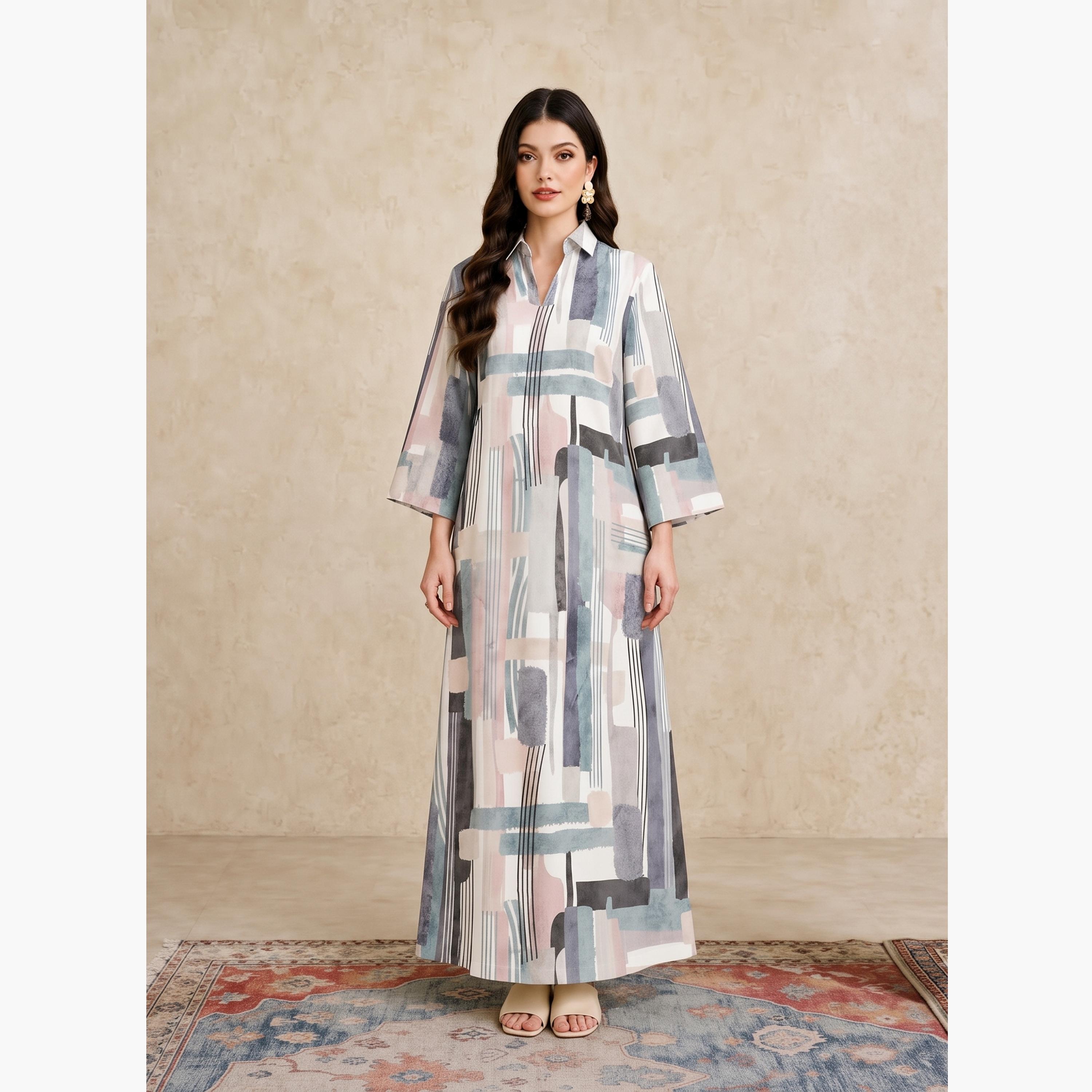 Take Two Multi Printed Open Collar Jalabiya-women-arabicclothing-jalabiyas-image-1