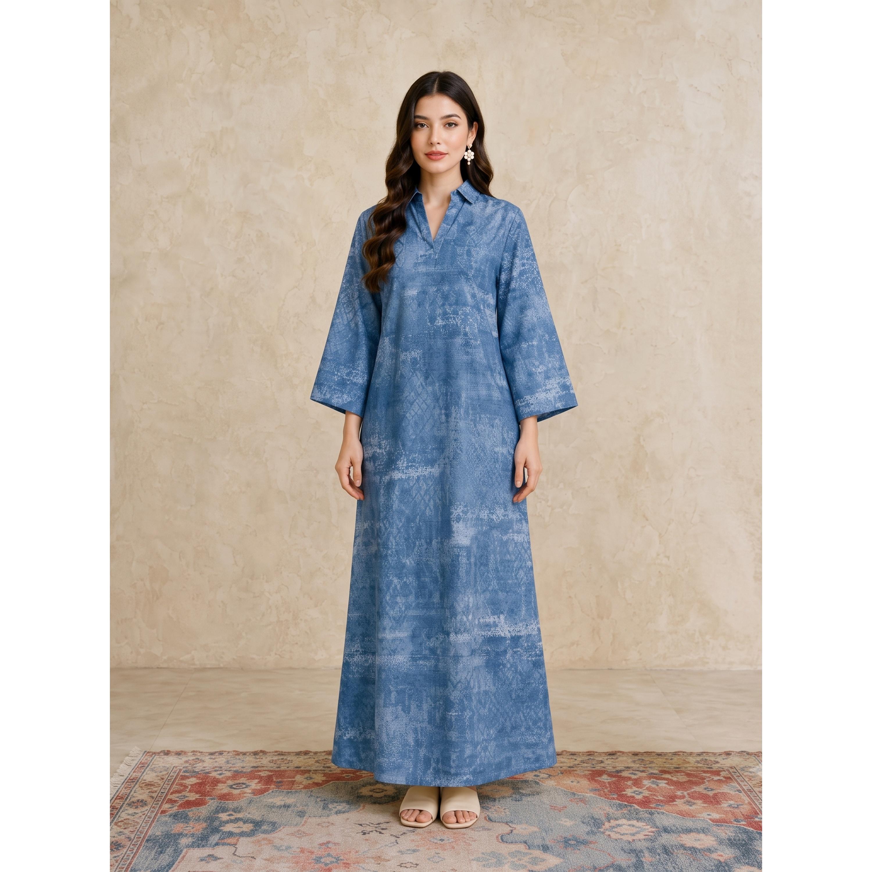 Take Two Blue Long Sleeves Open Collar Jalabiya-women-arabicclothing-jalabiyas-image-1