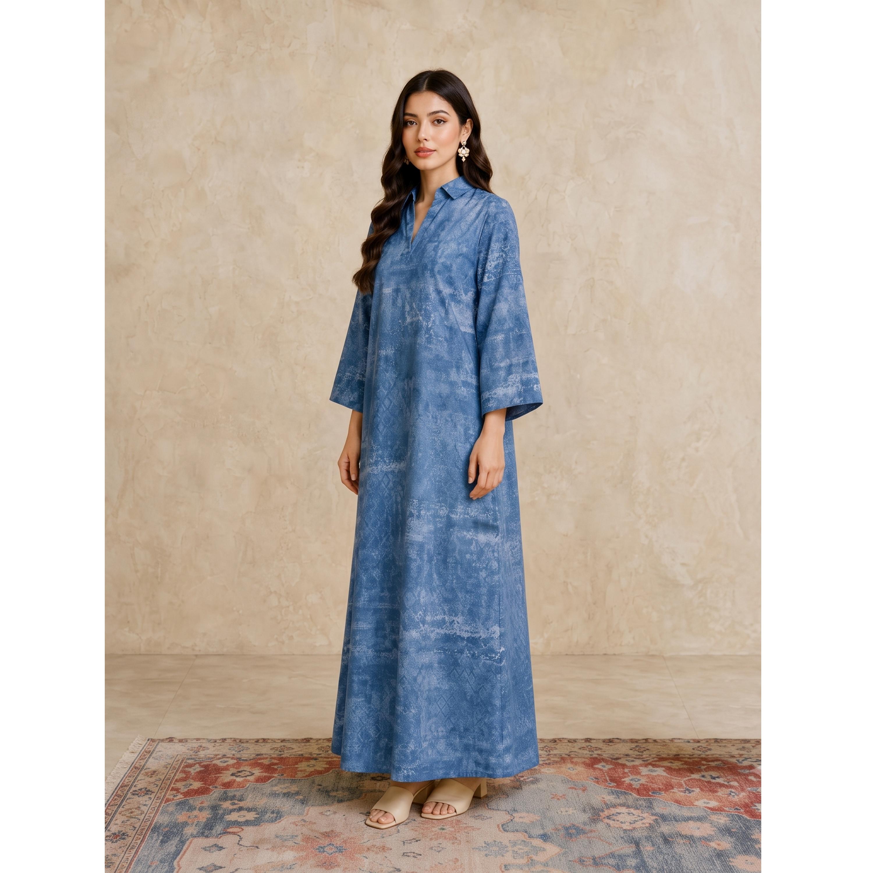 Take Two Blue Long Sleeves Open Collar Jalabiya-women-arabicclothing-jalabiyas-image-2