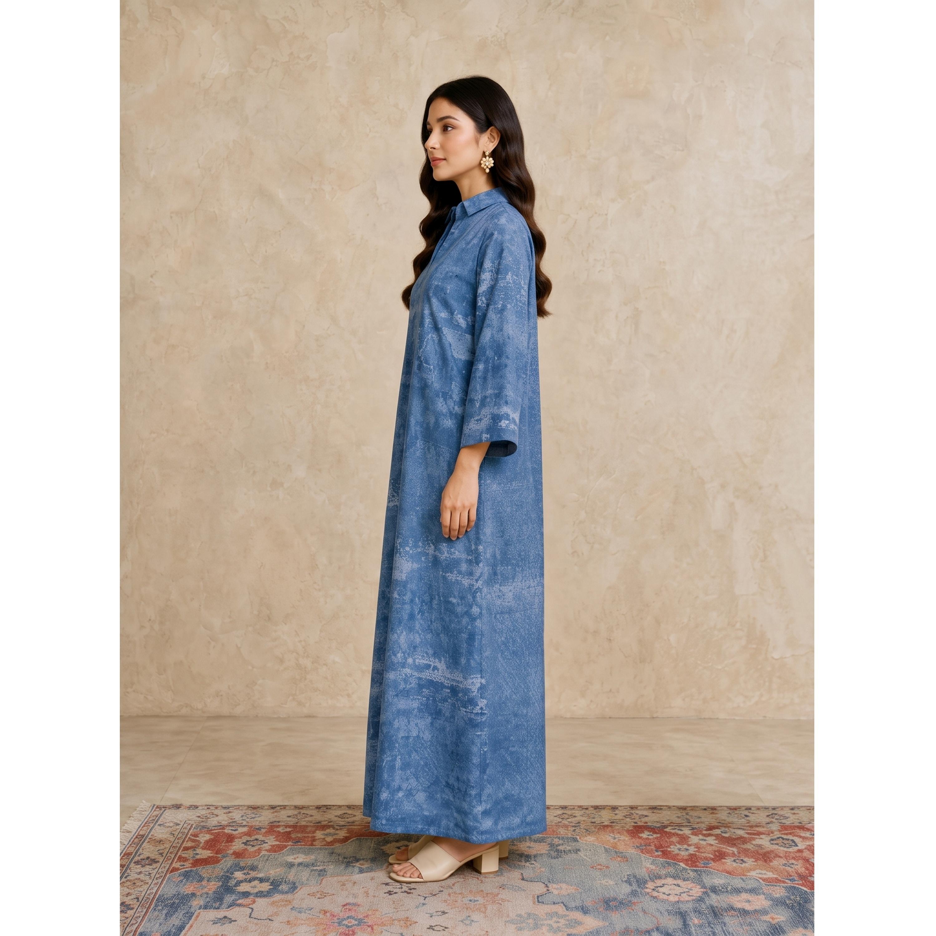 Take Two Blue Long Sleeves Open Collar Jalabiya-women-arabicclothing-jalabiyas-image-3