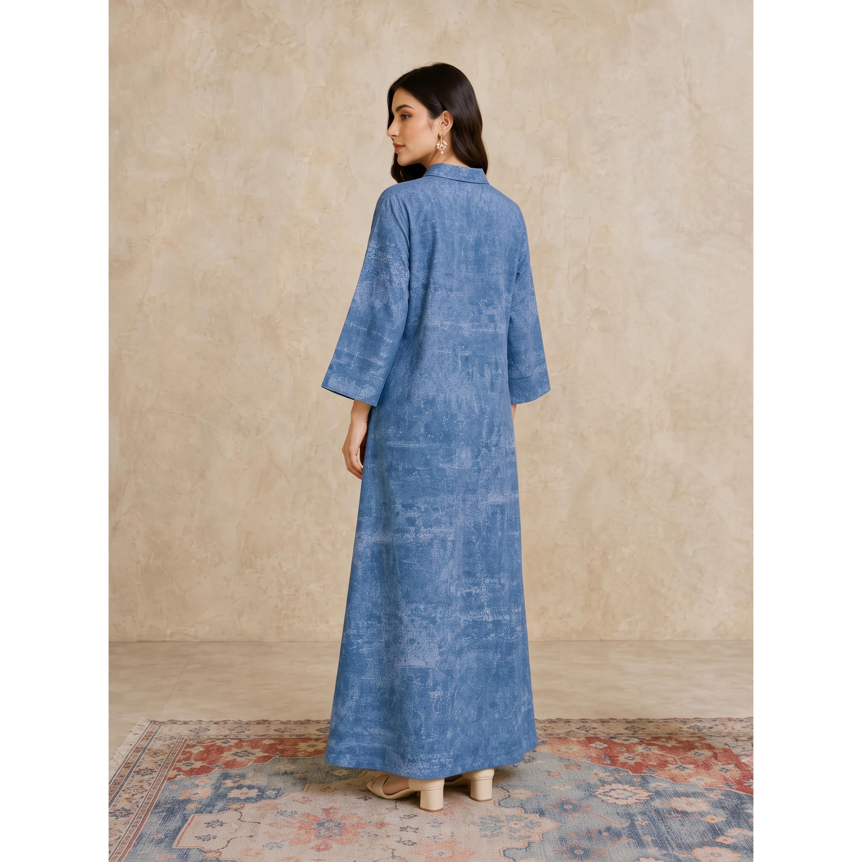 Take Two Blue Long Sleeves Open Collar Jalabiya-women-arabicclothing-jalabiyas-image-4