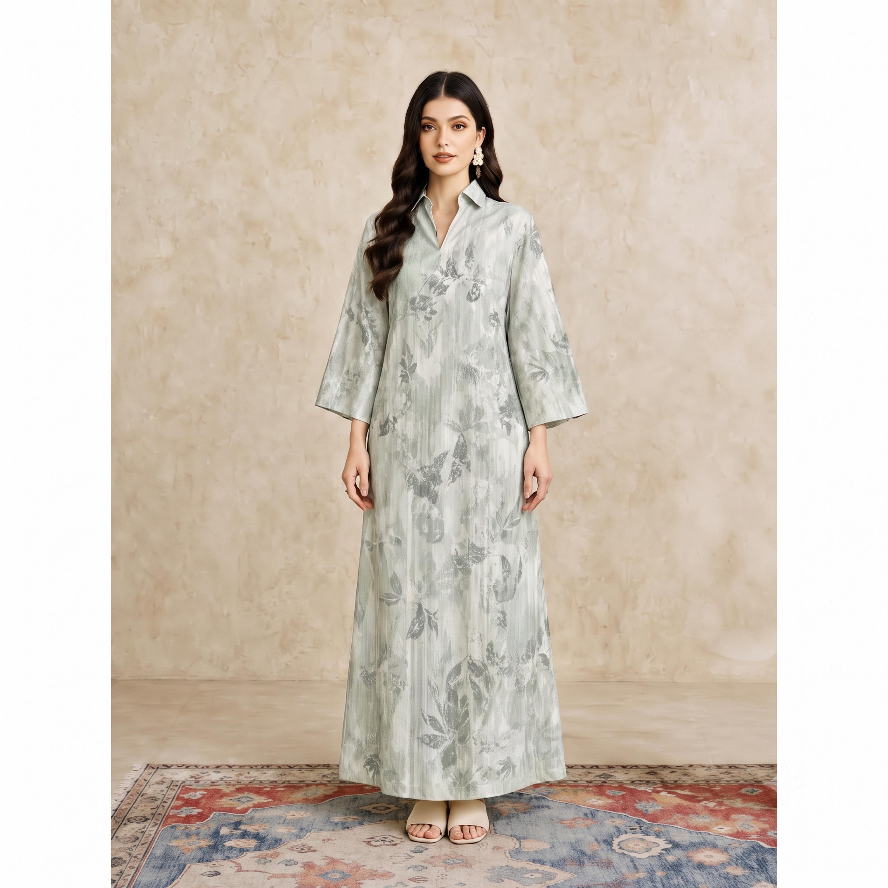 Take Two Green Leaf Print Open Collar Jalabiya-women-arabicclothing-jalabiyas-image-1