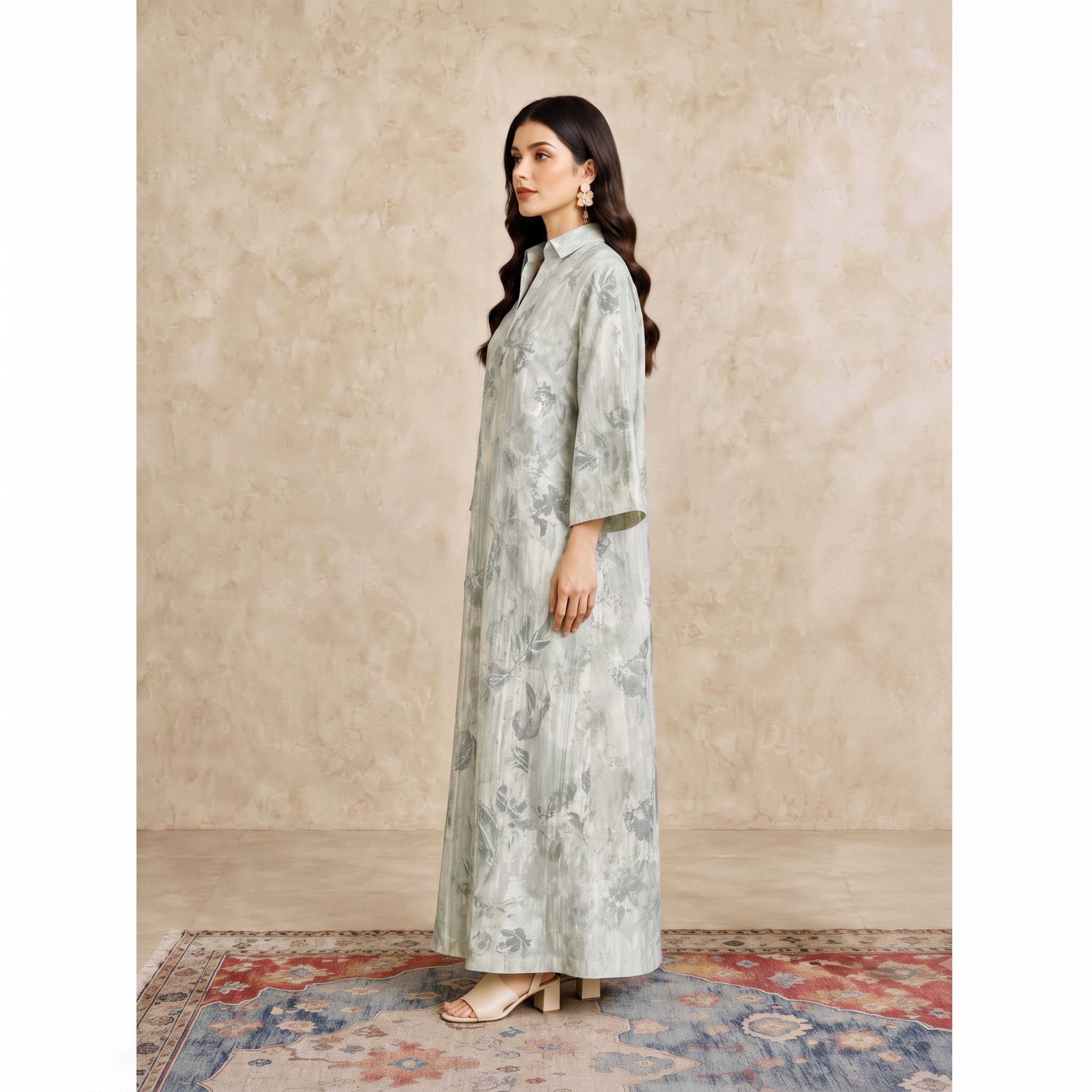 Take Two Green Leaf Print Open Collar Jalabiya-women-arabicclothing-jalabiyas-image-3