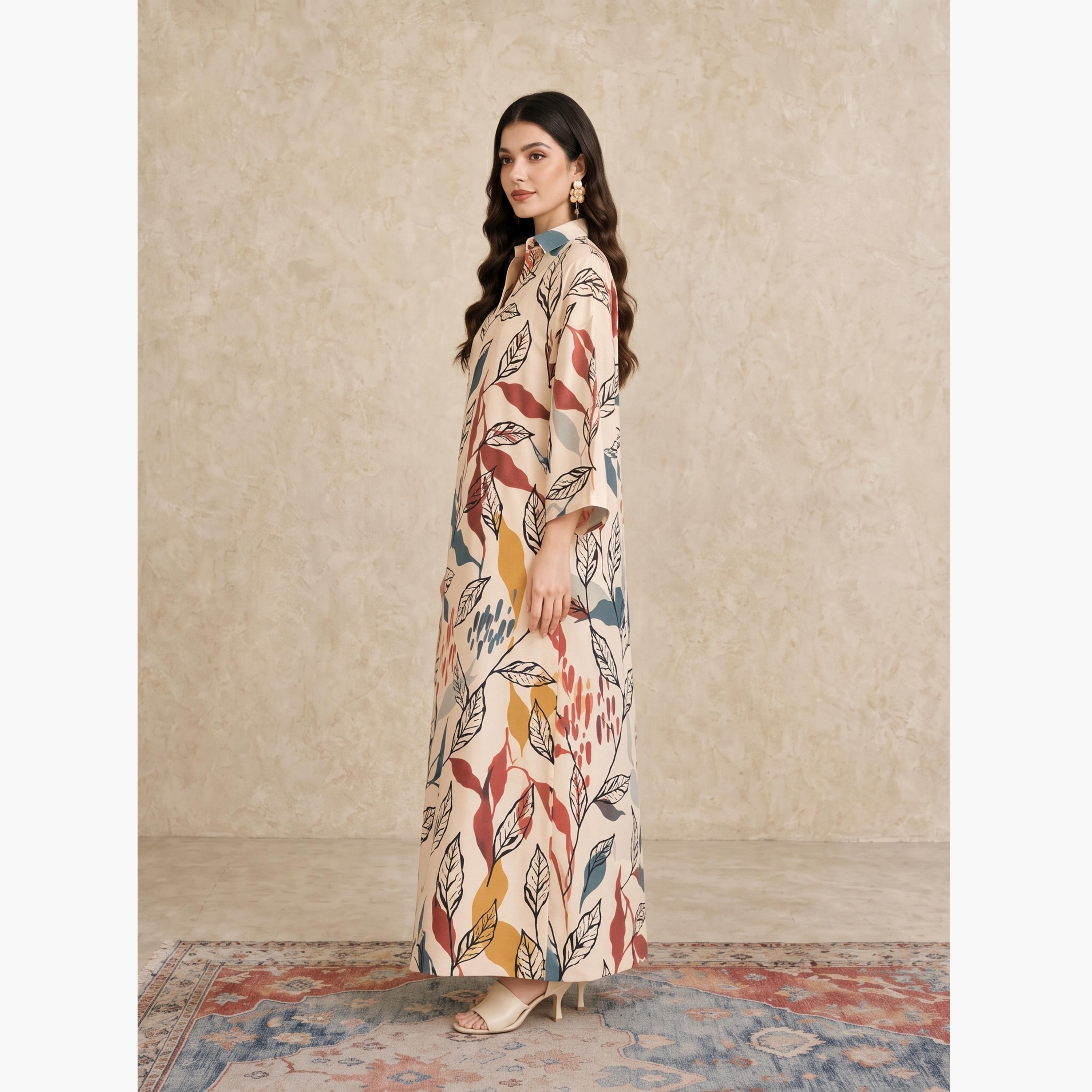 جلابية بياقة مفتوحة وطبعات أوراق الشجر متعددة الألوان-women-arabicclothing-jalabiyas-image-3