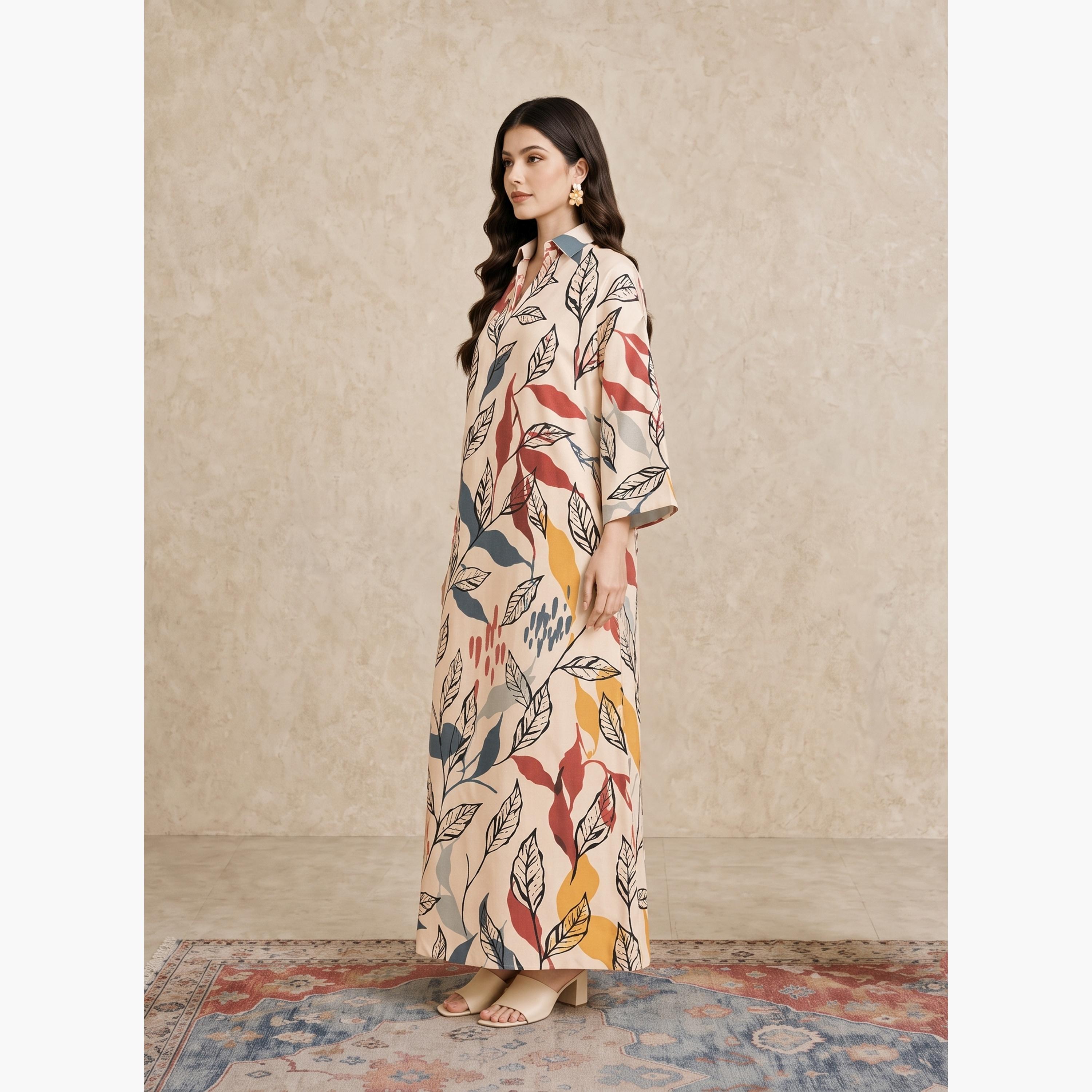 جلابية بياقة مفتوحة وطبعات أوراق الشجر متعددة الألوان-women-arabicclothing-jalabiyas-image-5