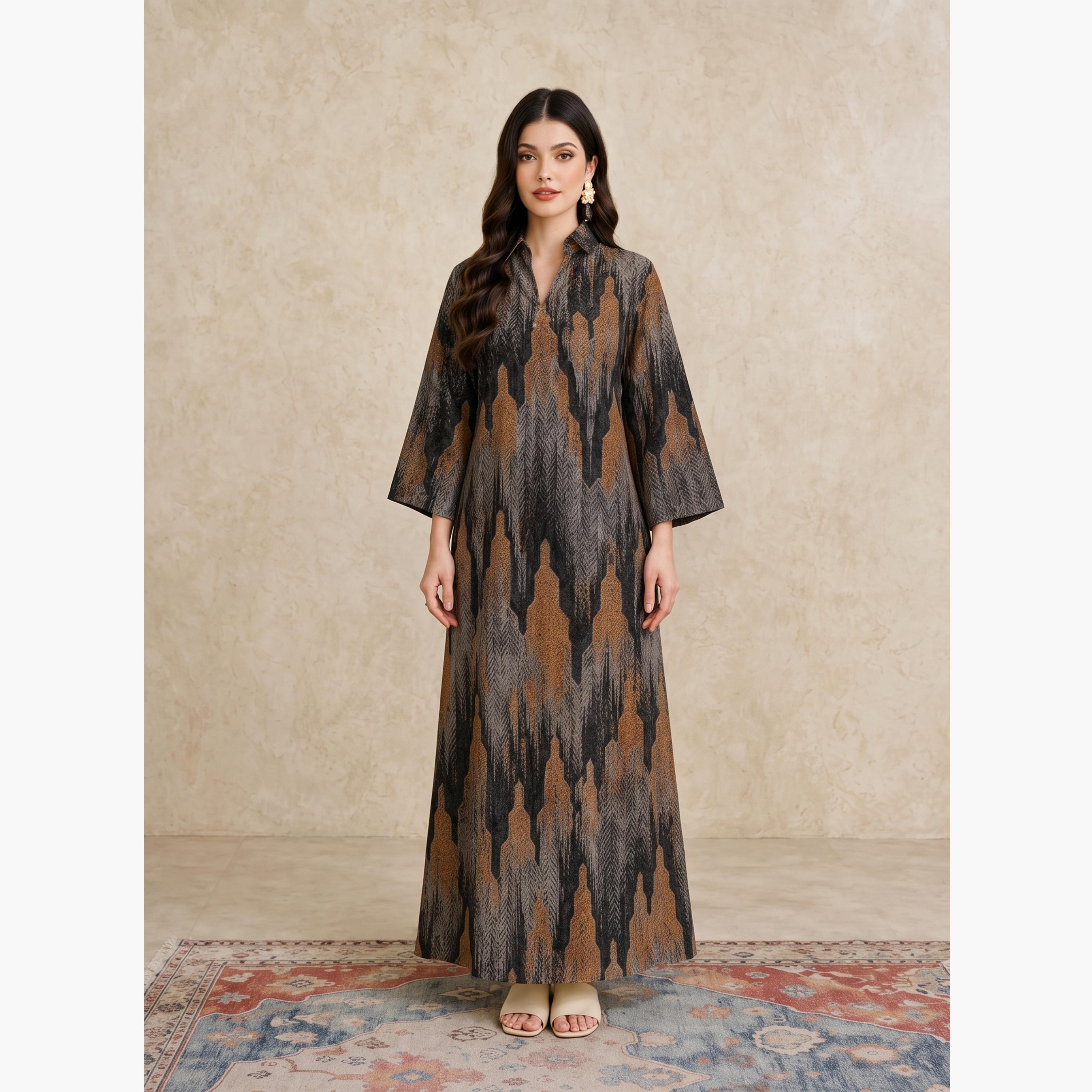 Take Two Copper All Over Print Open Collar Jalabiya-women-arabicclothing-jalabiyas-image-1