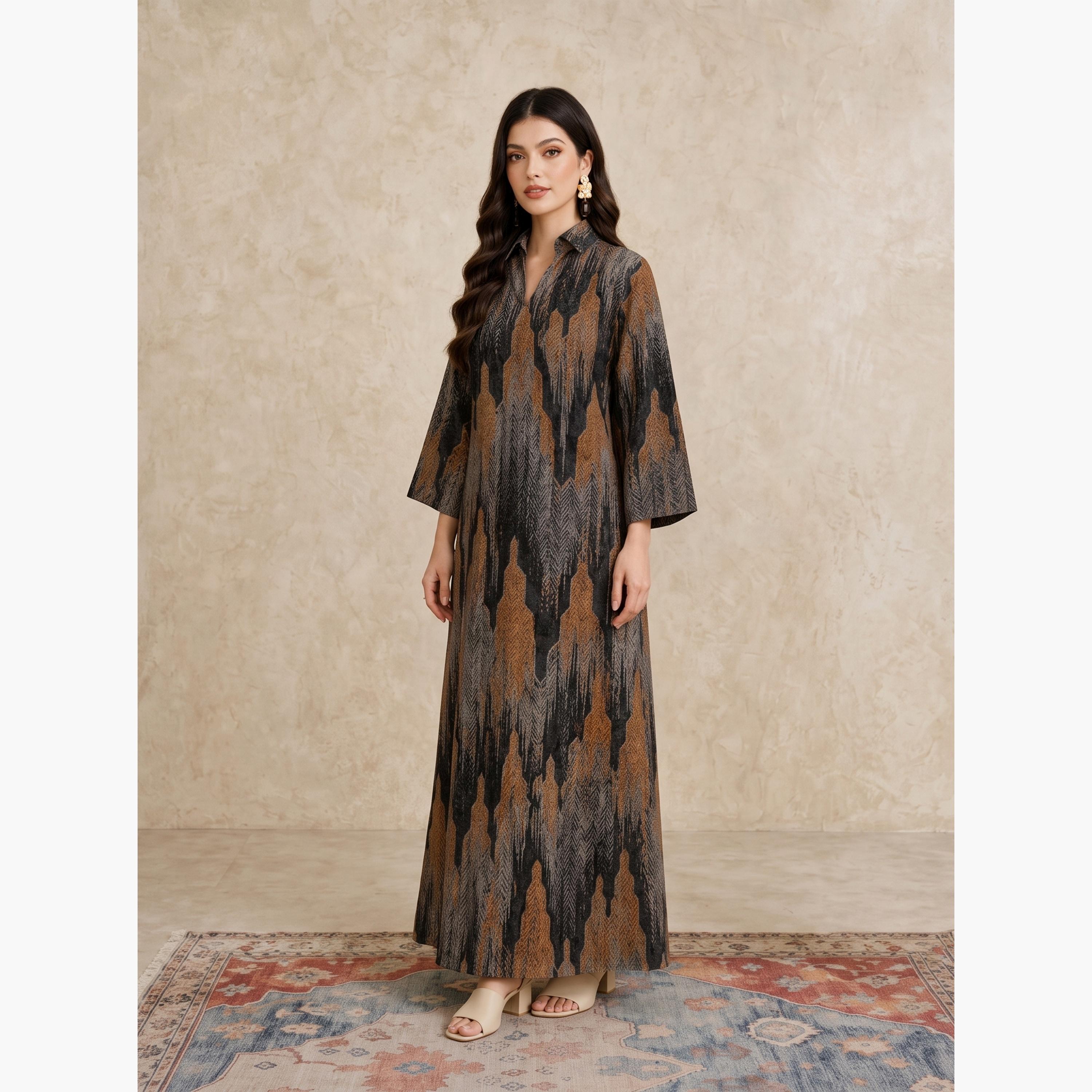 Take Two Copper All Over Print Open Collar Jalabiya-women-arabicclothing-jalabiyas-image-2