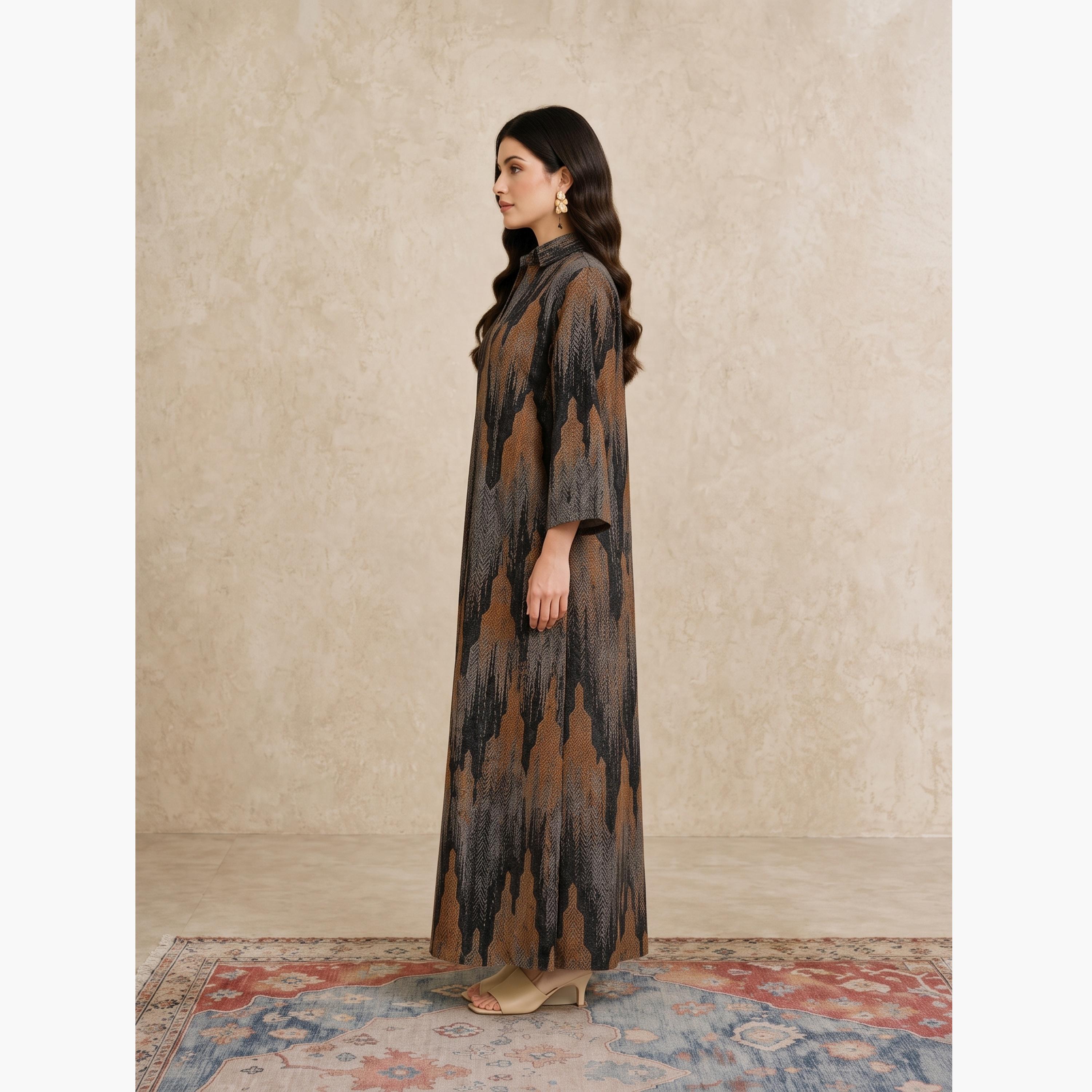 Take Two Copper All Over Print Open Collar Jalabiya-women-arabicclothing-jalabiyas-image-3